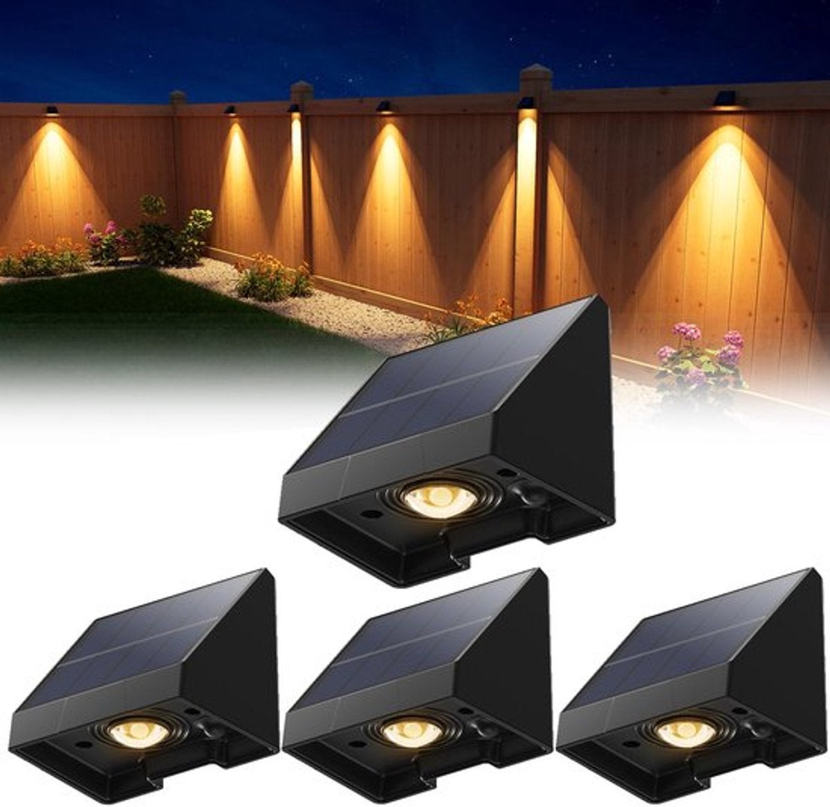 4 lumini solare decorative pentru gard – Iluminat exterior LED impermeabil, cu energie solară, cu lumină albă caldă -- 6,6x5,8x5,1cm