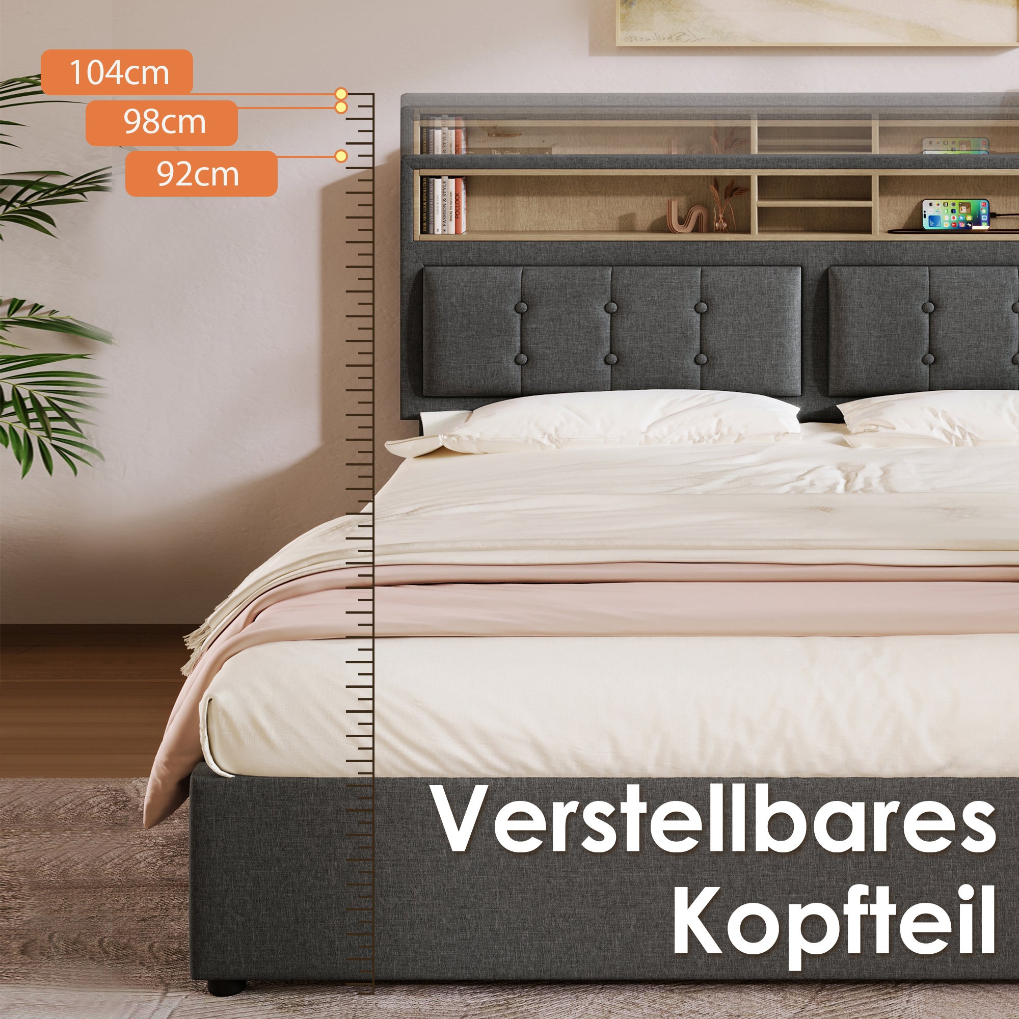 Cama contenedor 160 x 200 cm con cabecero contenedor - USB - tela de lino - gris - 9