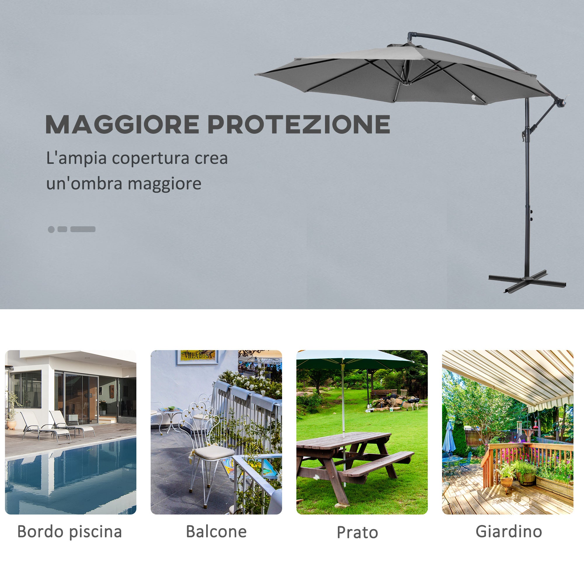 Parasol extérieur 3x2,5 m décalé avec manivelle, structure anti-UV en acier et polyester, gris - 8