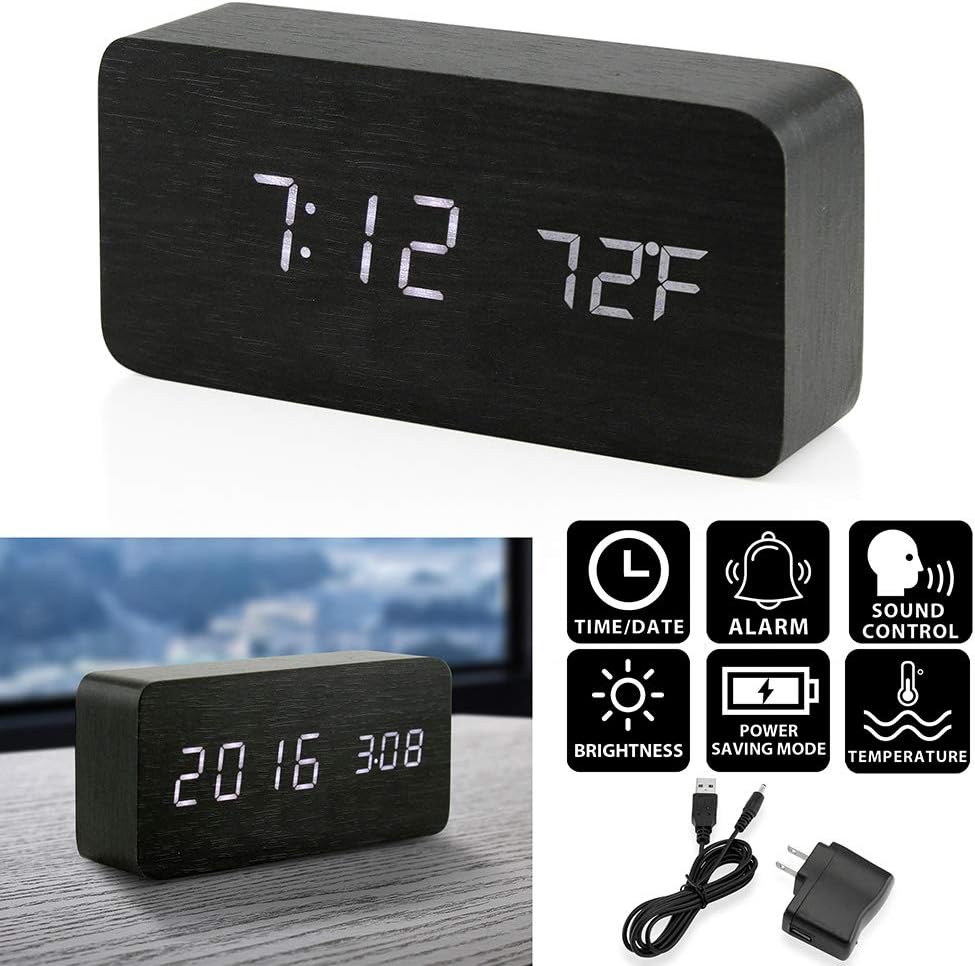 Réveil numérique en bois, réveil multifonction LED en bois avec alimentation USB, commande vocale, minuteur et thermomètre - Noir - 2