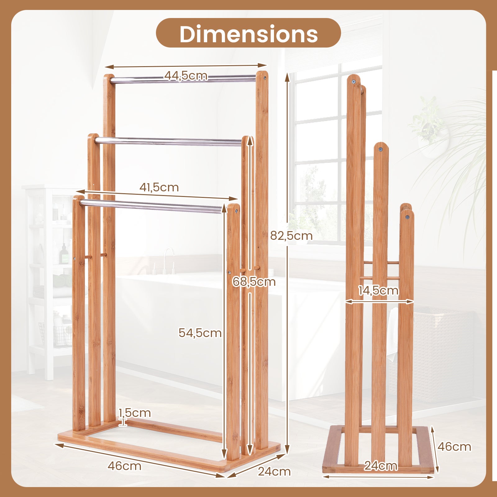 Portasciugamani in Bambù da Terra 46x24x84cm, Mobile Bagno con 3 Aste per Asciugamano in Acciaio Inox, Colore Naturale - 3