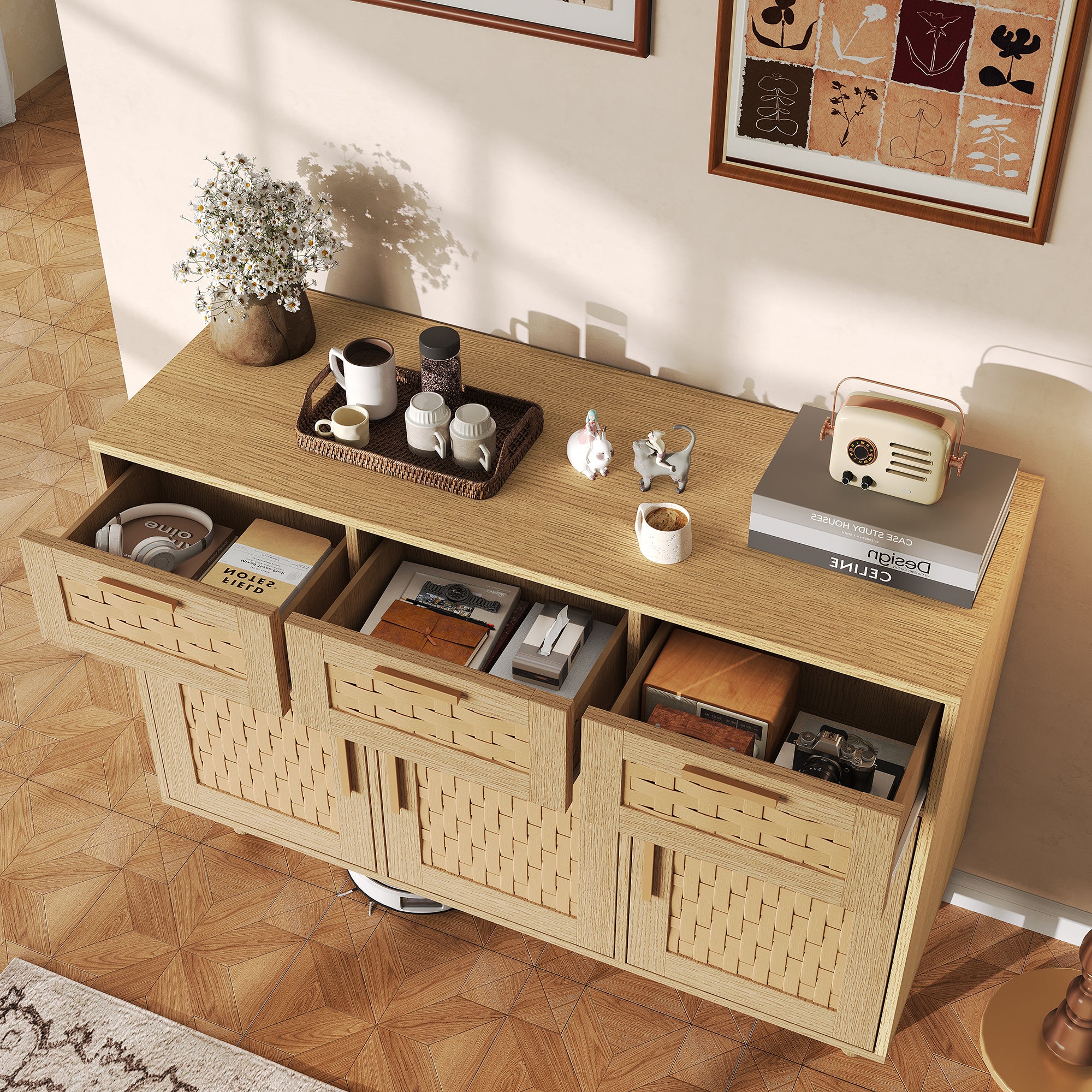 buffet, Meuble de rangement en rotin, meuble de cuisine à 3 tiroirs et 3 portes, commode, 108 x 40 x 80 cm, couleur chêne - 3