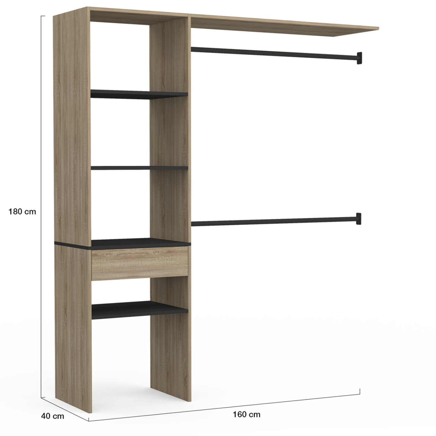 Kit dressing MELINE 160 x 40 x 180 cm hêtre avec étagères noires + tiroir + double penderie - 4