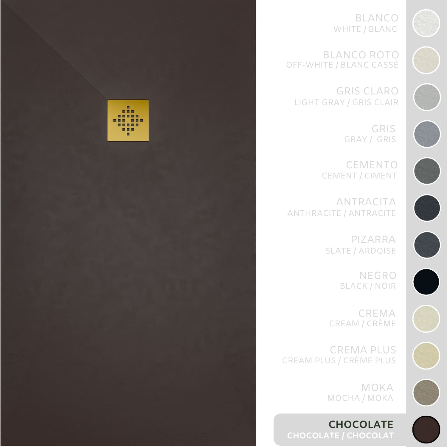 SOULHOME Brodzik prysznicowy– Żywica– Gel Coat– Gładka/Kamienna tekstura – Antypoślizgowy – czekoladowy – 60X60- Niski 3 cm– Ruszt Złoty