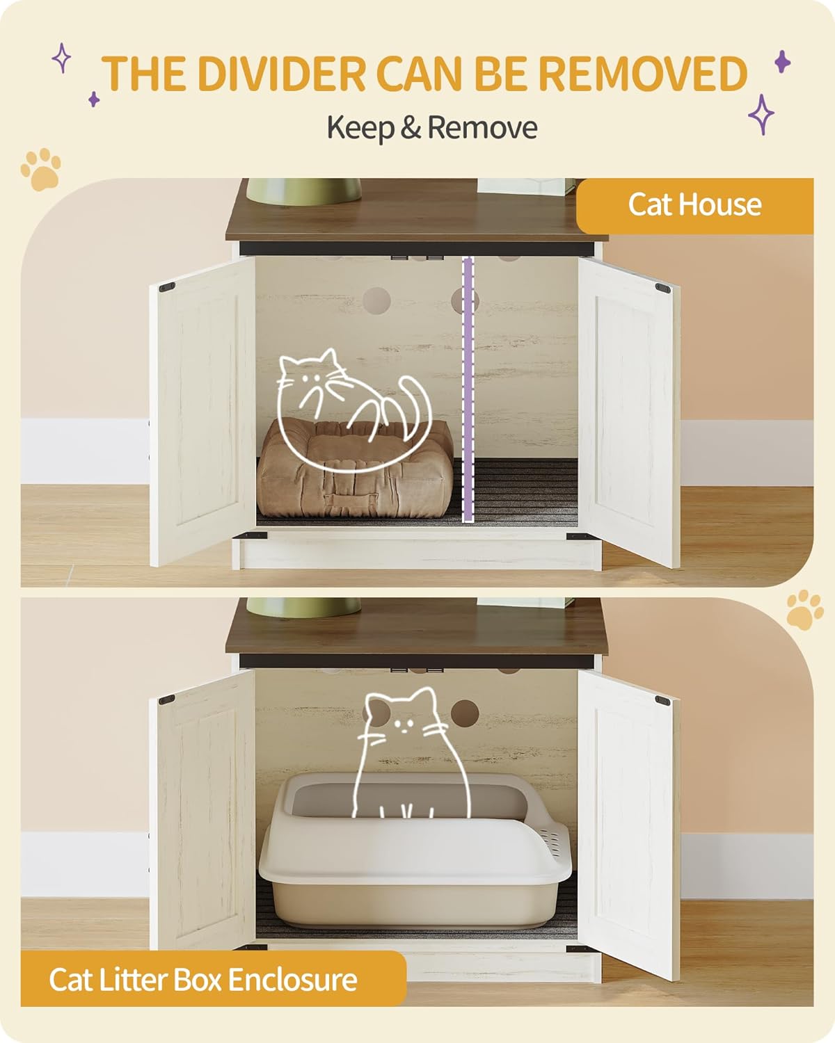 Caixa de areia para gatos, armário para areia com divisória amovível, casota para gatos, entrada reversível (esquerda ou direita), castanho e branco. - 8