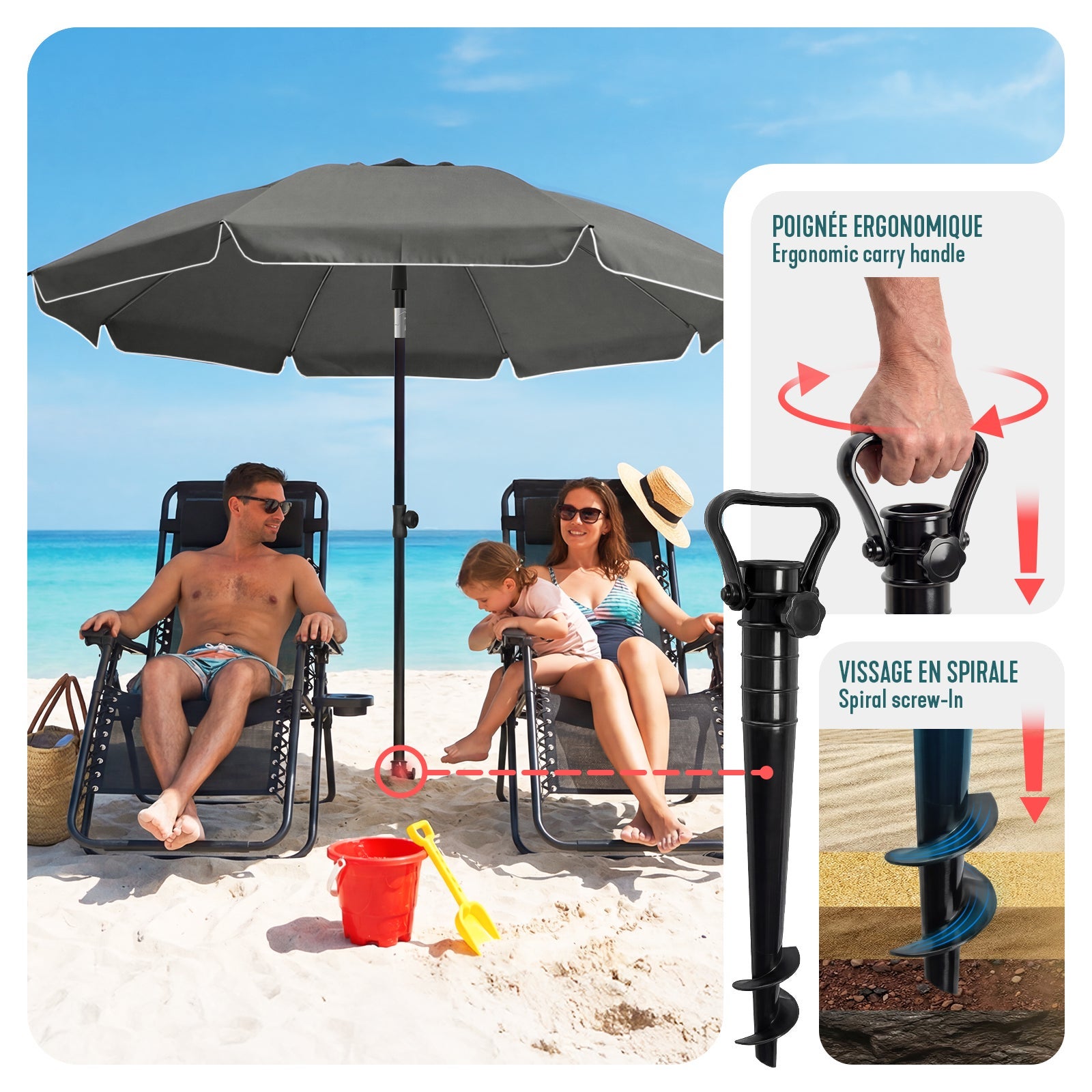 Parasol de jardin inclinable 2M avec ancrage au sol - Parasol de plage UV 50+ Gris - VOUNOT® - 6
