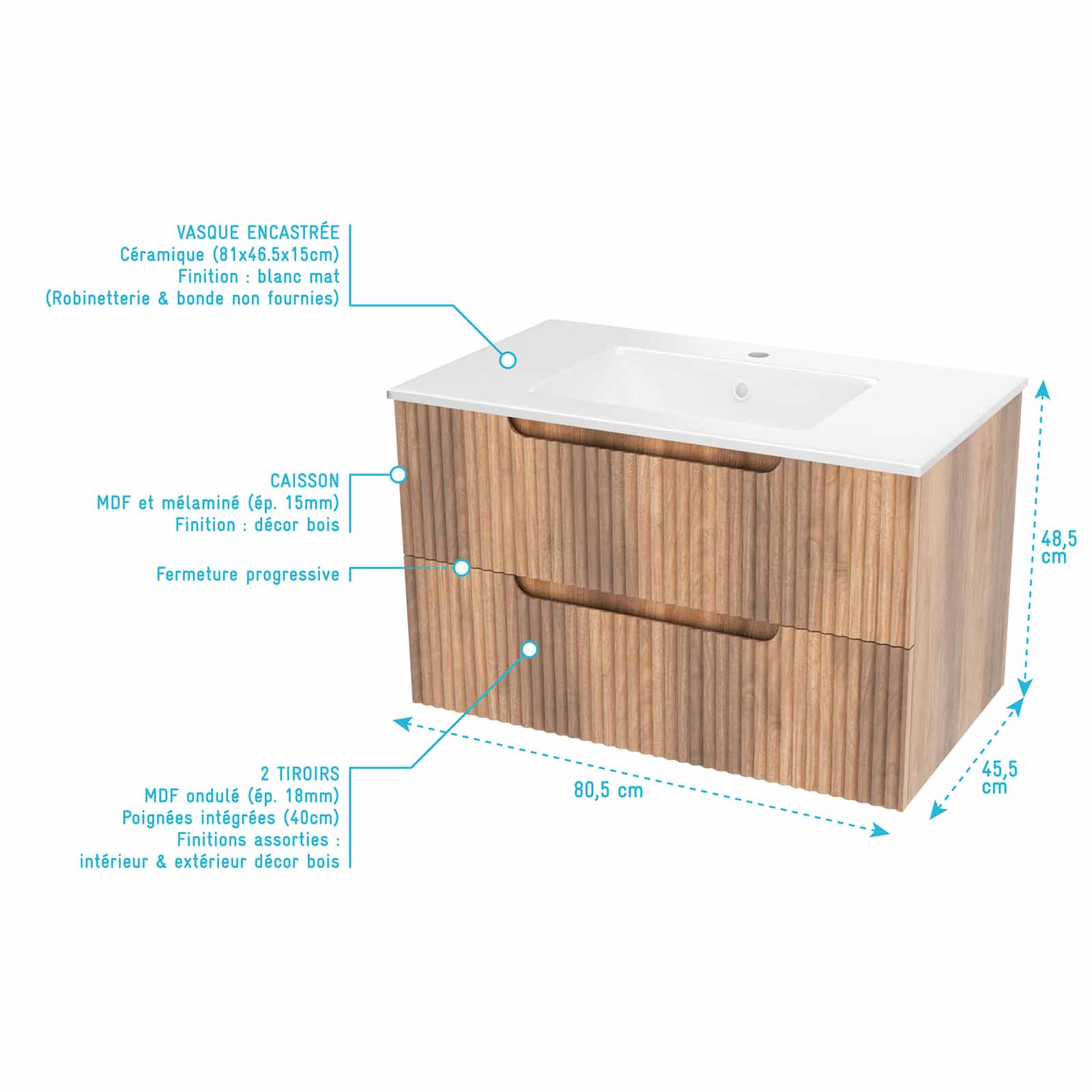 Meuble et colonne de Salle de Bains LEON 80cm Décor Bois - Façades Ondulées - Vasque Blanche Mate - 4