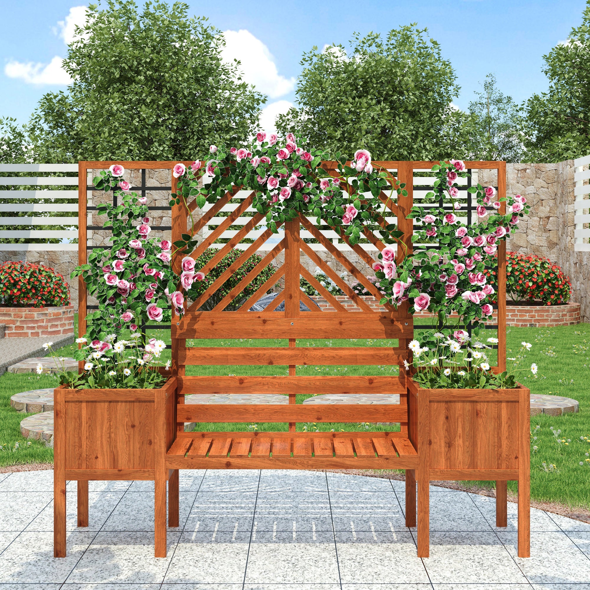 Lot de 2 Jardinière sur pièds avec Treillis en bois massif + 1 banc 2 places - 170 x 42 x 145 cm - Marron - 4
