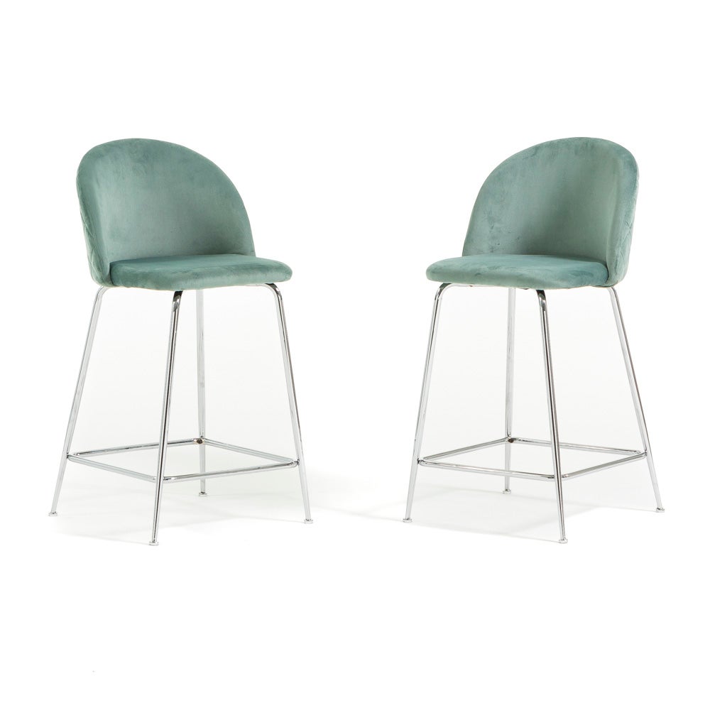 Set Di 2 Sgabelli Da Bar In Velluto Verde Con Gambe Dorate - Altezza 65 Cm, Con Schienale E Poggiapiedi