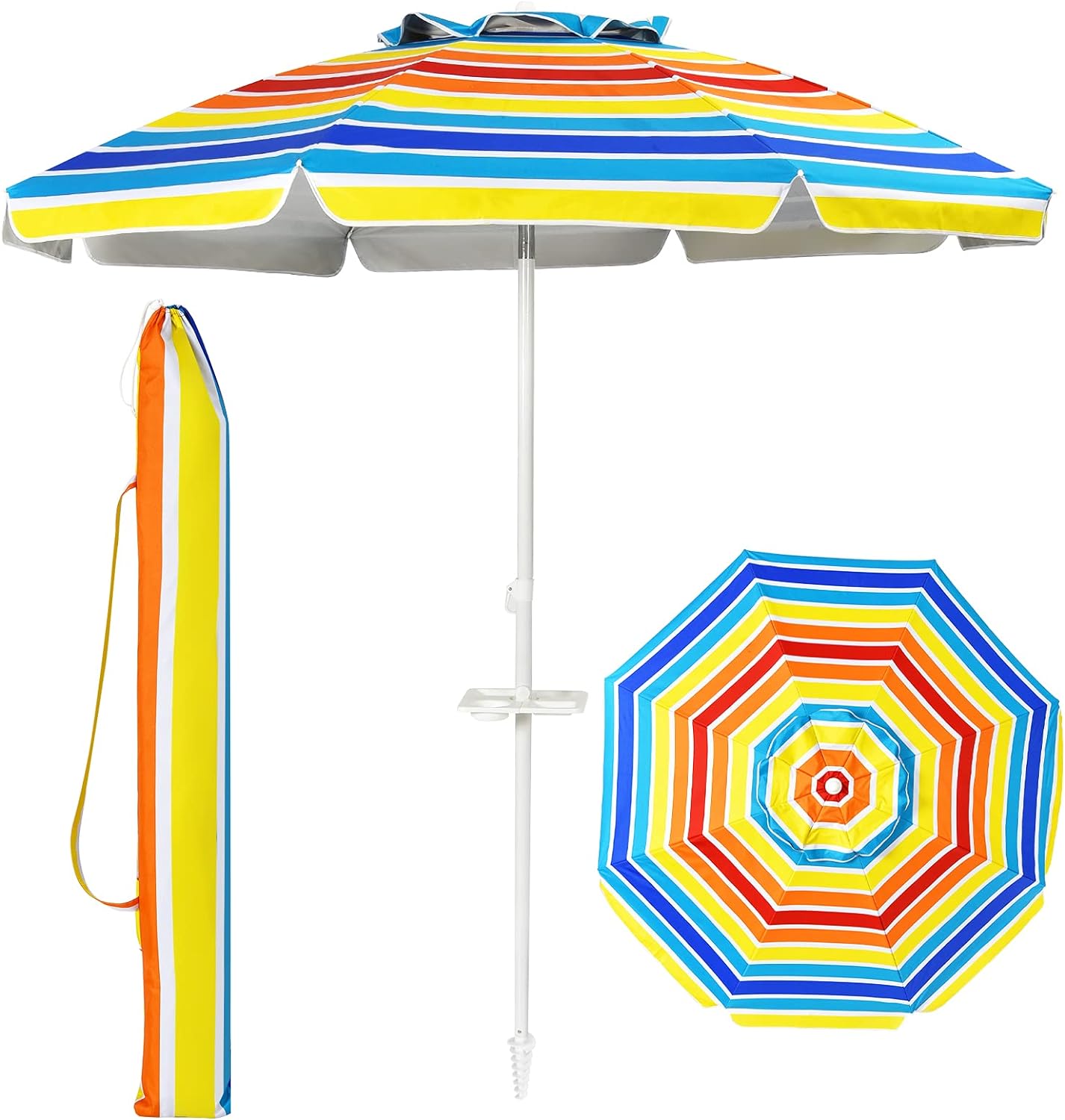 Parasol Plażowy D199xH173CM – Odchylana Głowica z Uchwytem na Kubek/Daszek/Torba/Odchylana Krawędź – 8 Żeber – Spiralna Końcówka – Wielokolorowy