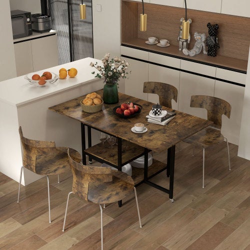 Mesa plegable con ruedas 140x80 cm, para 2-6 personas, 2 estantes, color marrón rústico y acero