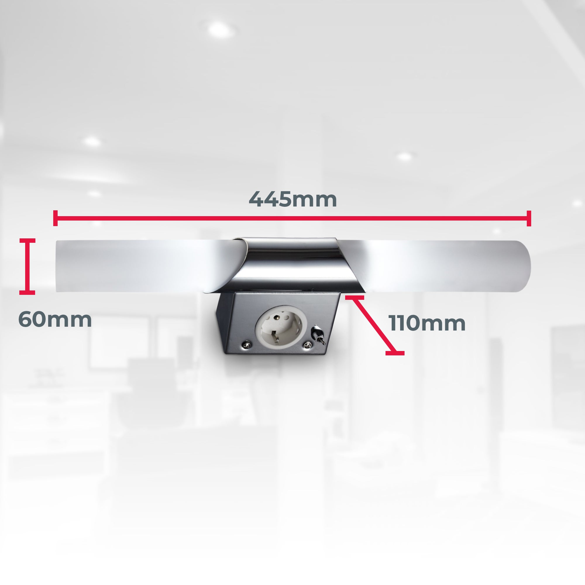 Applique murale LED salle de bain 2-flammes - avec prise et interrupteur - Chromé - E14 4,9W - 470lm - Blanc chaud 3000K - IP20 - B.K.Licht - 9