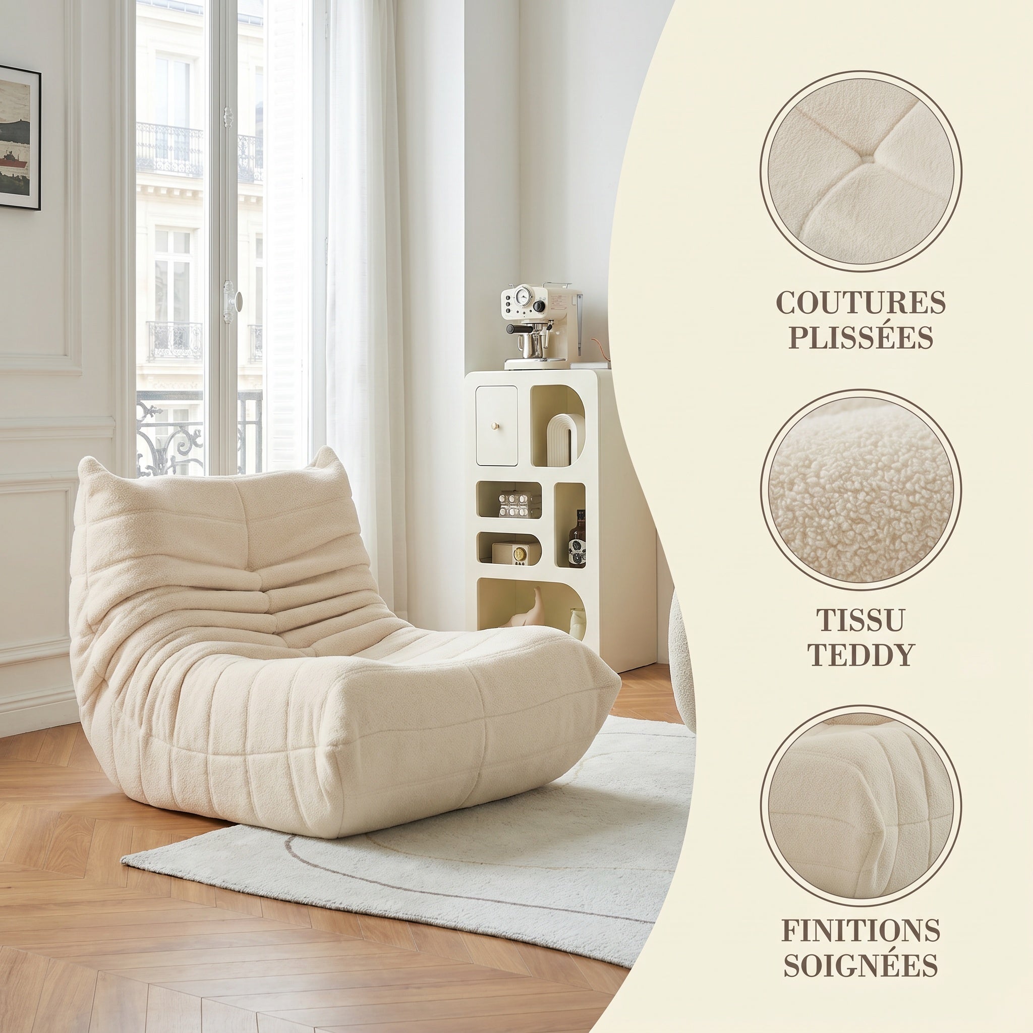 Pouf géant - Canapé de sol avec dossier - Fauteuil de lecture d'intérieur confortable XXL - Pour salon et chambre à coucher - 86 x 105 x 75 cm - Beige - 6