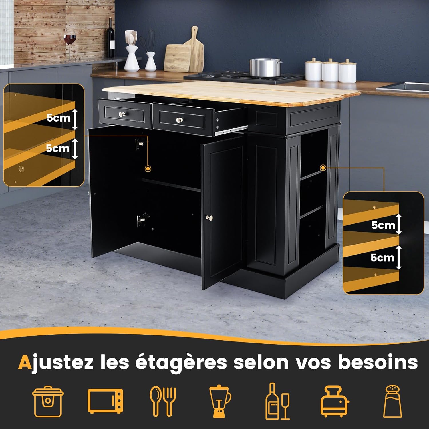 Ilot Central Cuisine Comptoir en Bois d'Hévéa Pliable, Étagères Réglables , 61 x 120 x 92 cm, Noir - 7