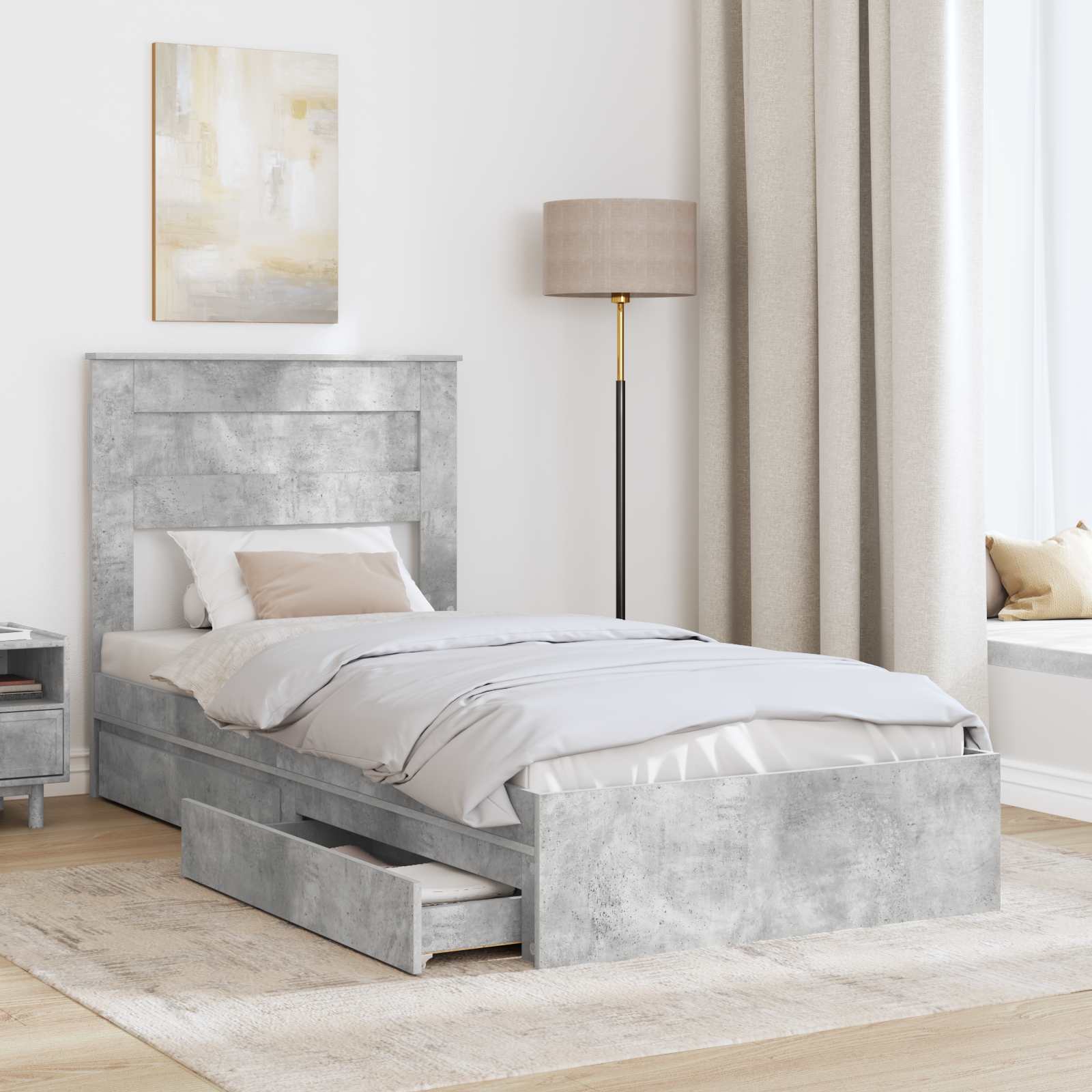 Lit avec rangement en panneau de bois gris béton pour la chambre, 90 × 190 cm - 3
