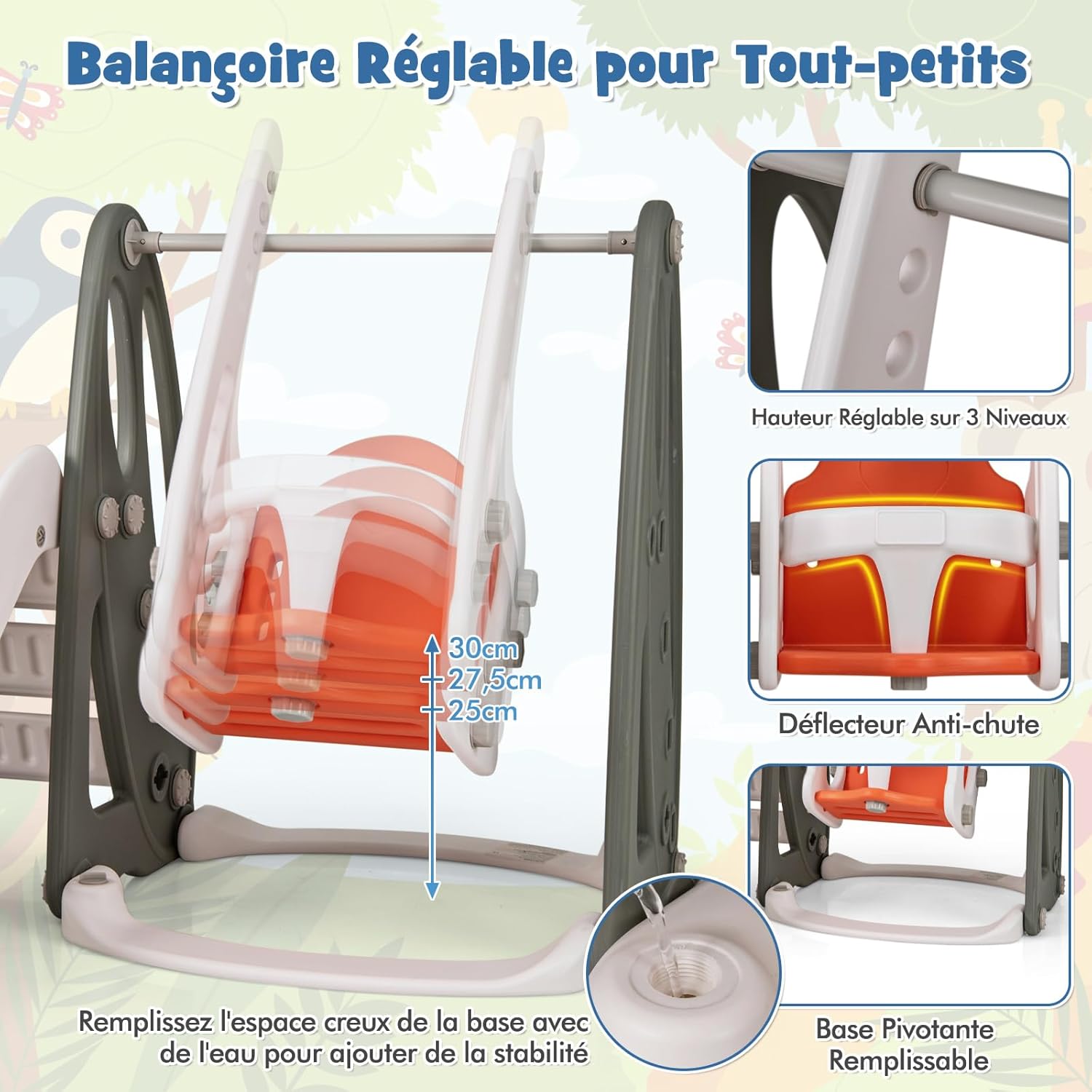 4 in 1 Parco Giochi per Bambini, Set di Scivolo con Arrampicata Altalena Regolabile in Altezza Scivolo e Canestro da Basket, per Bambini 18 Me - 3