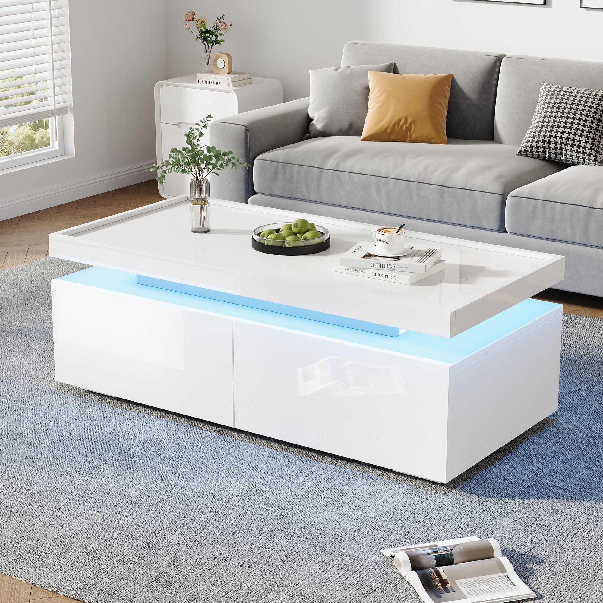 Stolik kawowy wysokiego połysku 95×45×35 cm - z oświetleniem LED - z 2 szufladami - Płyta wiórowa - Biały