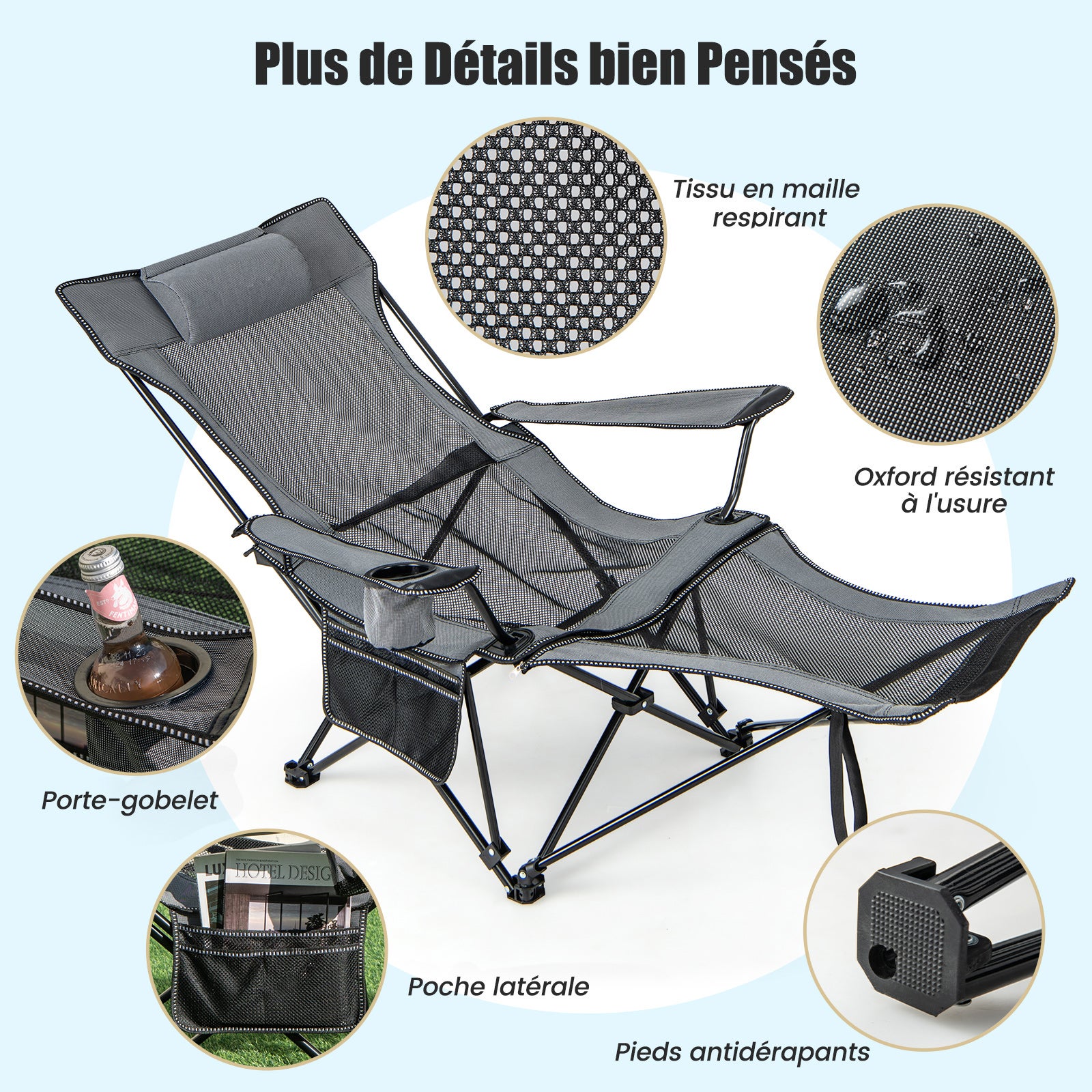 Chaise de Camping Pliable,Chaise Longue de Plage avec Repose-Pieds Et Appui-Tête,Charge 150 KG,Gris - 7