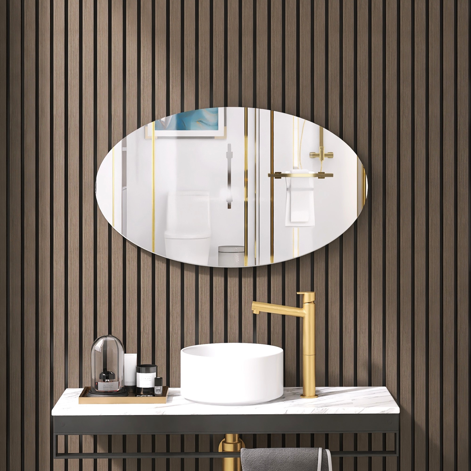 Espejo de pared ovalado, instalación horizontal o vertical, ahorro de espacio, mdf y espejo, blanco