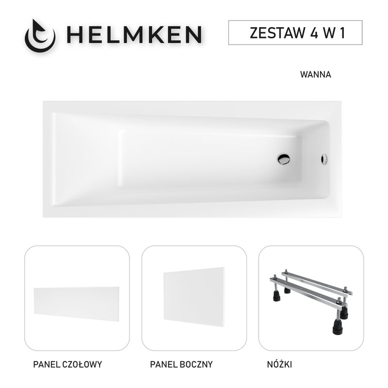Wanna akrylowa Helmken Versailles 170x75 ze wzmocnionym korpusem + Panel czołowy i boczny Biały + Nóżki / 35070075ZW