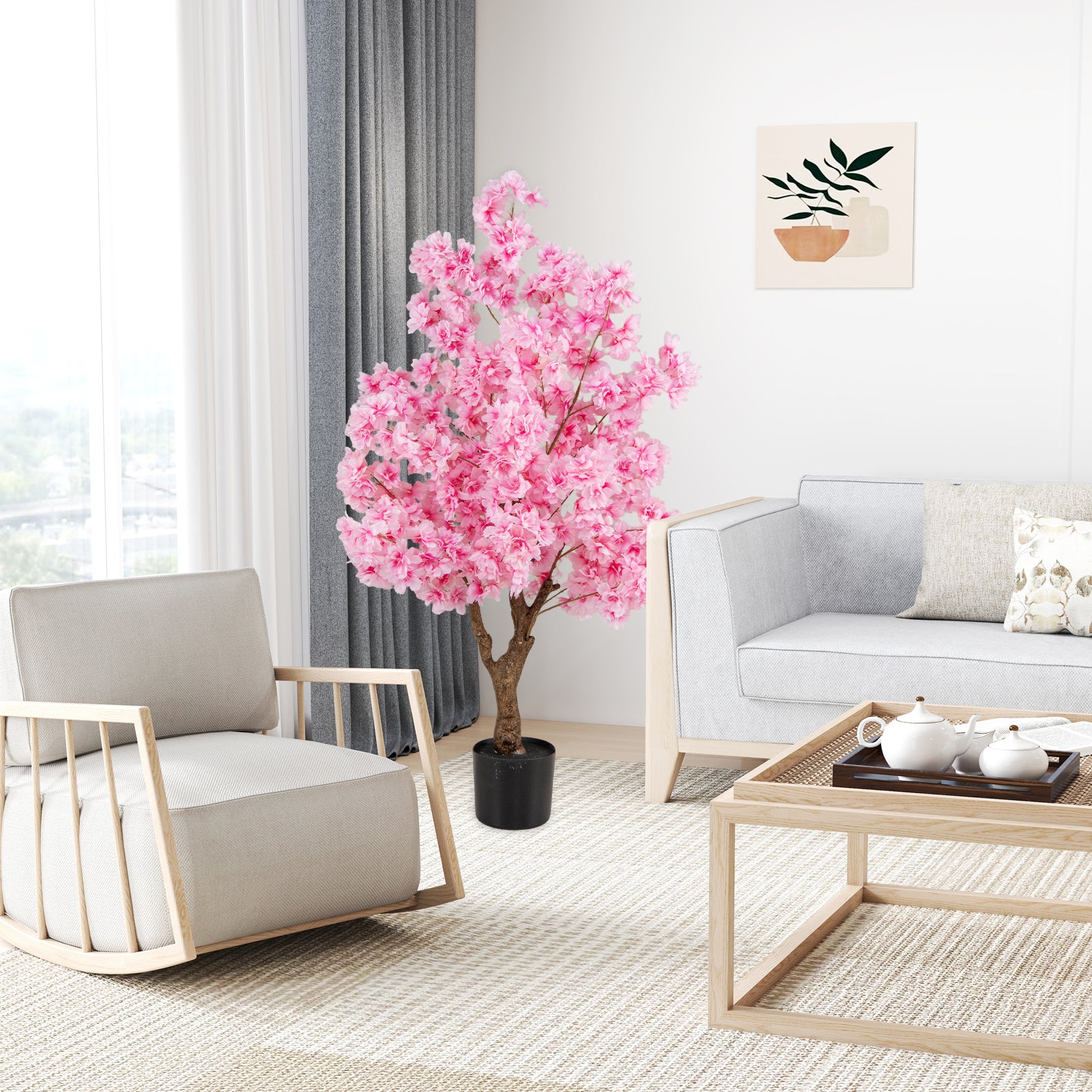 Plante Artificielle en Pot Remplies de Ciment 120CM, Fausse Cerisier avec 900 Fleurs Roses Tronc en Polyéthylène Multi-Branches, pour Salon Balcon - 2
