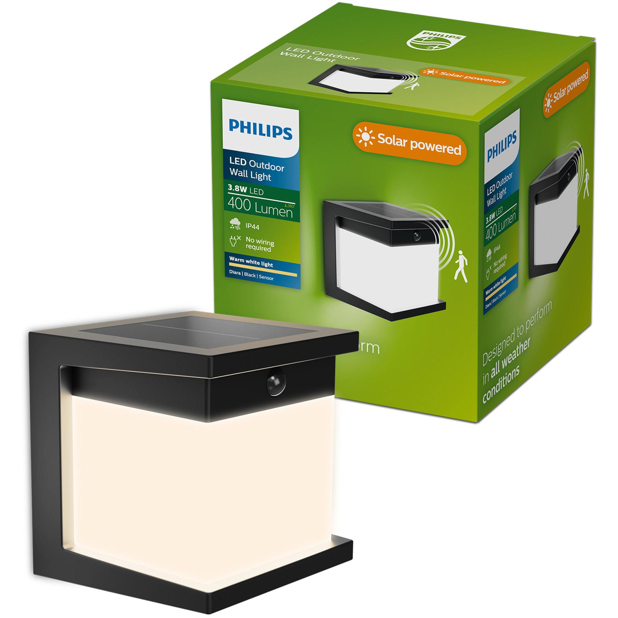 Kinkiet Ogrodowy Lampa Elewacyjna Solarny 3.8W 400lm 2700K Ciepła biel IP44 Czarna z Czujnikiem Ruchu Philips