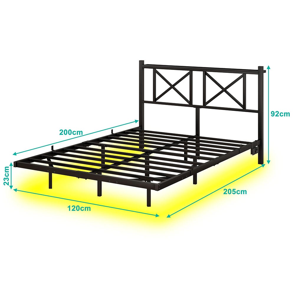 Rama łóżka podwójnego z oświetleniem LED i stacją ładującą z zagłówkiem, zawieszona rama łóżka, metal - 120 x 200 cm - 4