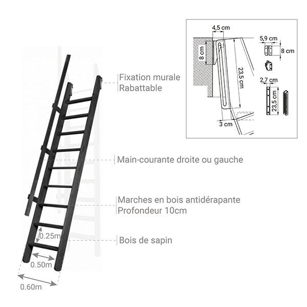 Echelle de meunier rabattable : 55cm de large - Hauteur à franchir 3m - Couleur : Noir (RAL 9017) - MSP/CC - 3