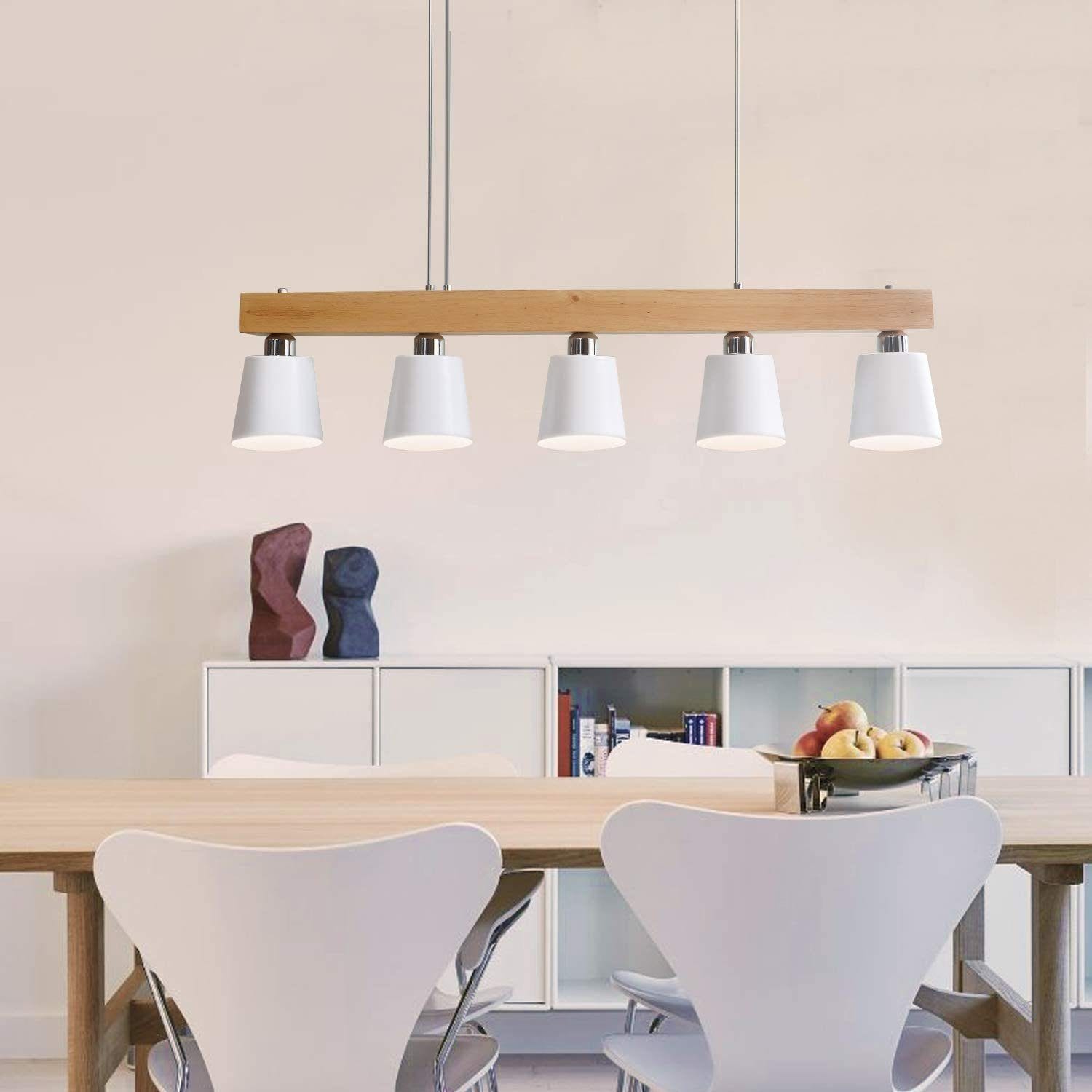 NETTLIFE Suspension 5 ampoules E27 blanc moderne Métal et bois lampe de ...