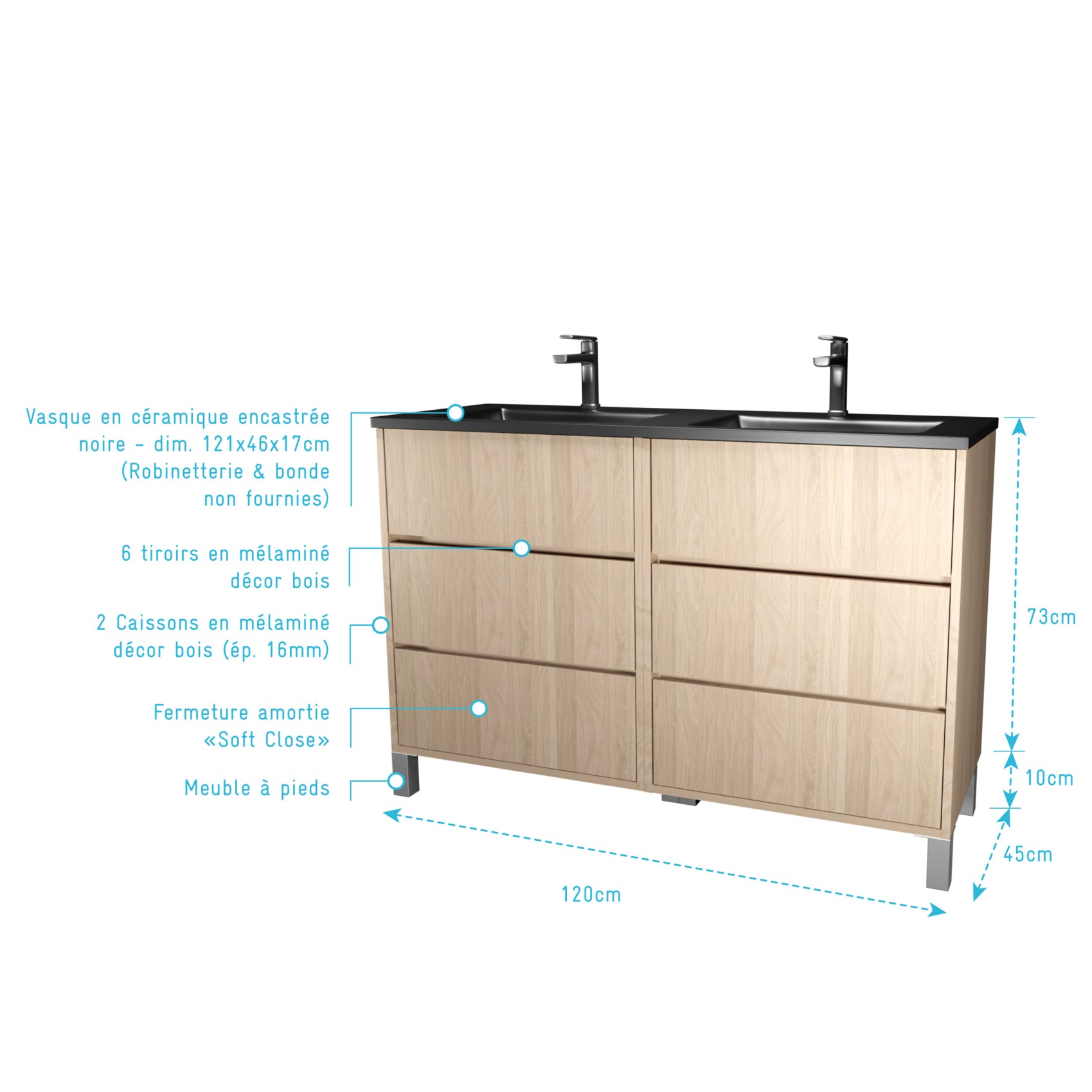 Meuble de salle de bains 120 cm 6 Tiroirs Chêne Clair + Vasque Double Céramique Noire - XENOS - 5