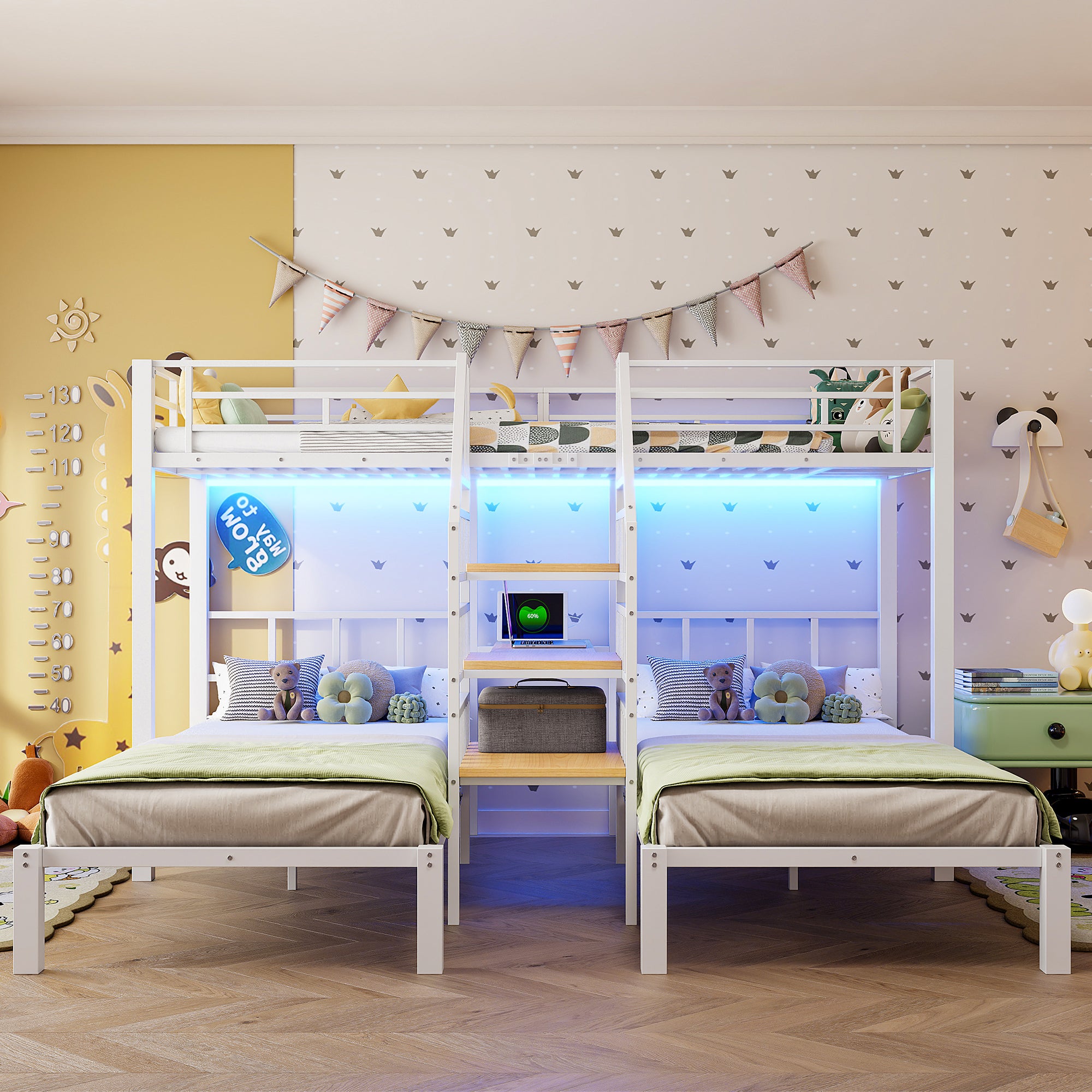Lit Superposé 3 Places 90x200 cm avec Bureau et Étagères, Lit Triple Métal MDF Blanc, LED USB Prise Intégrées, Échelle Rangement,Sans Matelas - 3