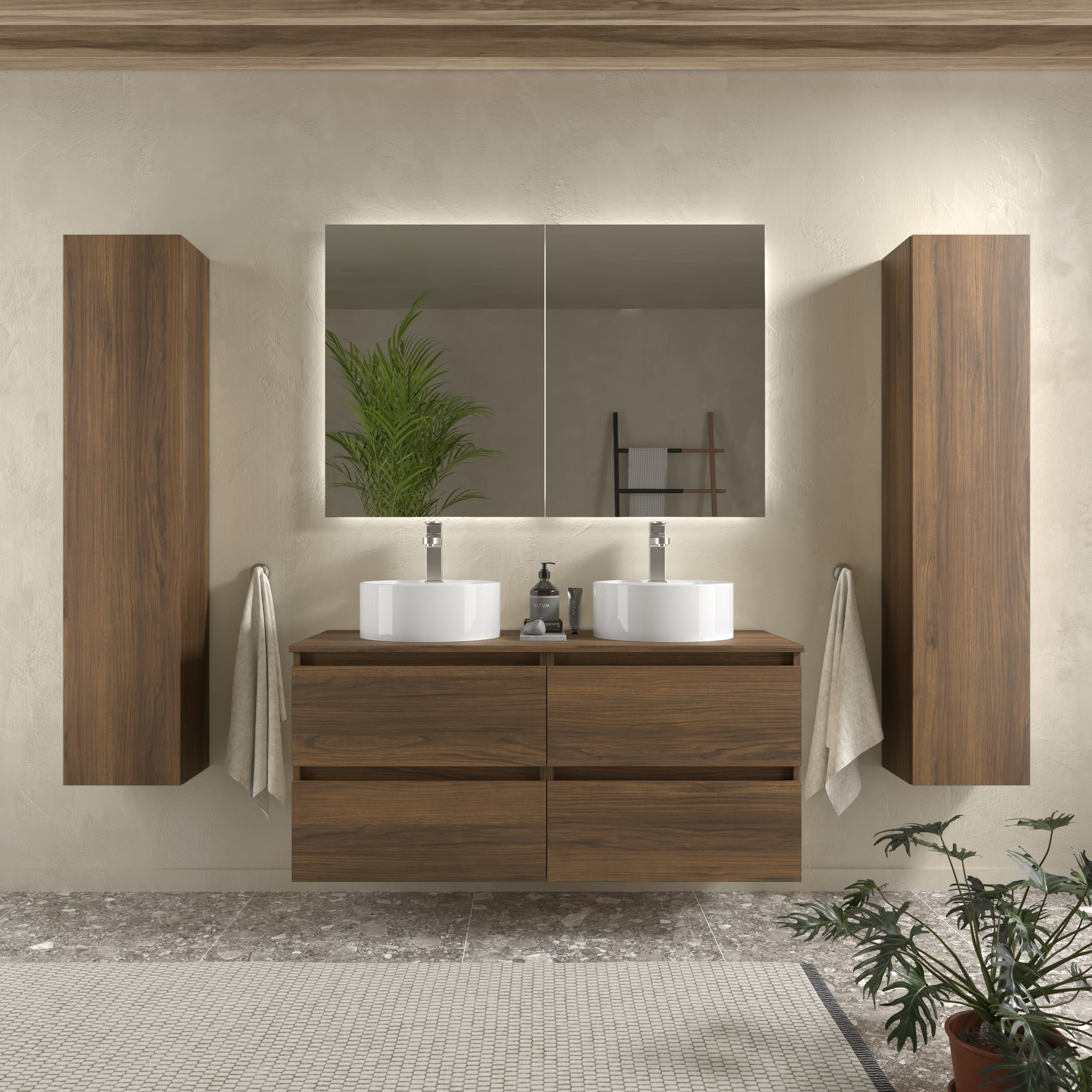 Meuble de salle de bain BEQUIA 120cm Noyer | Avec plan toilette (vasque non incluse) | Leroy Merlin