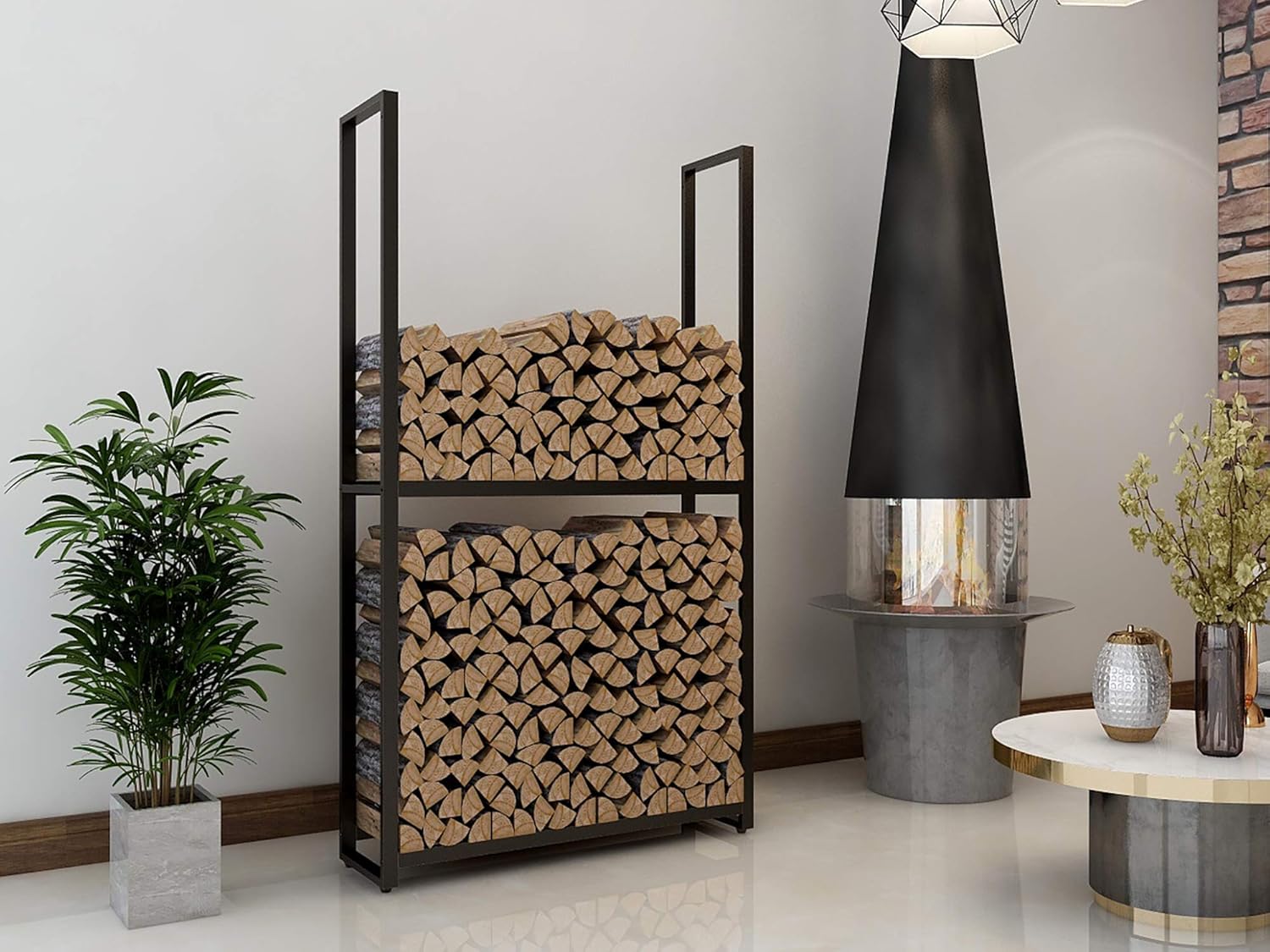 Köhko stojak na drewno opałowe – stojak i uchwyt na drewno opałowe z metalu malowanego proszkowo na czarno, do przechowywania H100xW65xD25cm