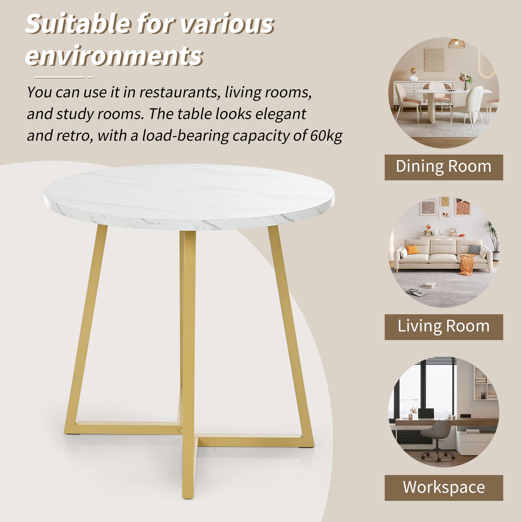 Okrągły stół jadalny dla 4-6 osób - 80 x 80 x 75 cm - MDF i złote metalowe nogi - Wzór marmuru - Blabc - 5