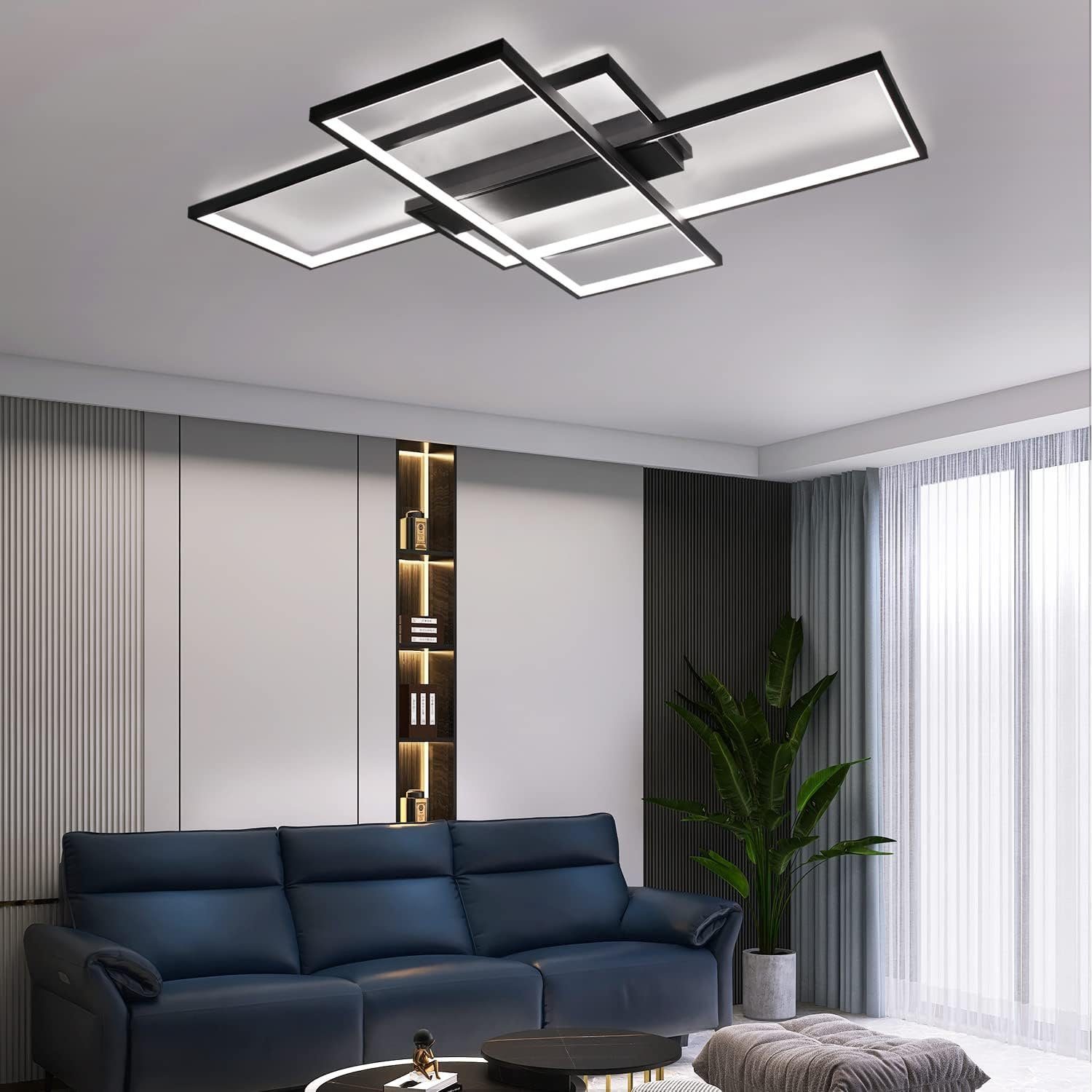 NETTLIFE Lámpara techo ajustable 100x70x8cm, 3 LED negras cuadradas, Control remoto, Iluminación acrílica 88W - 5