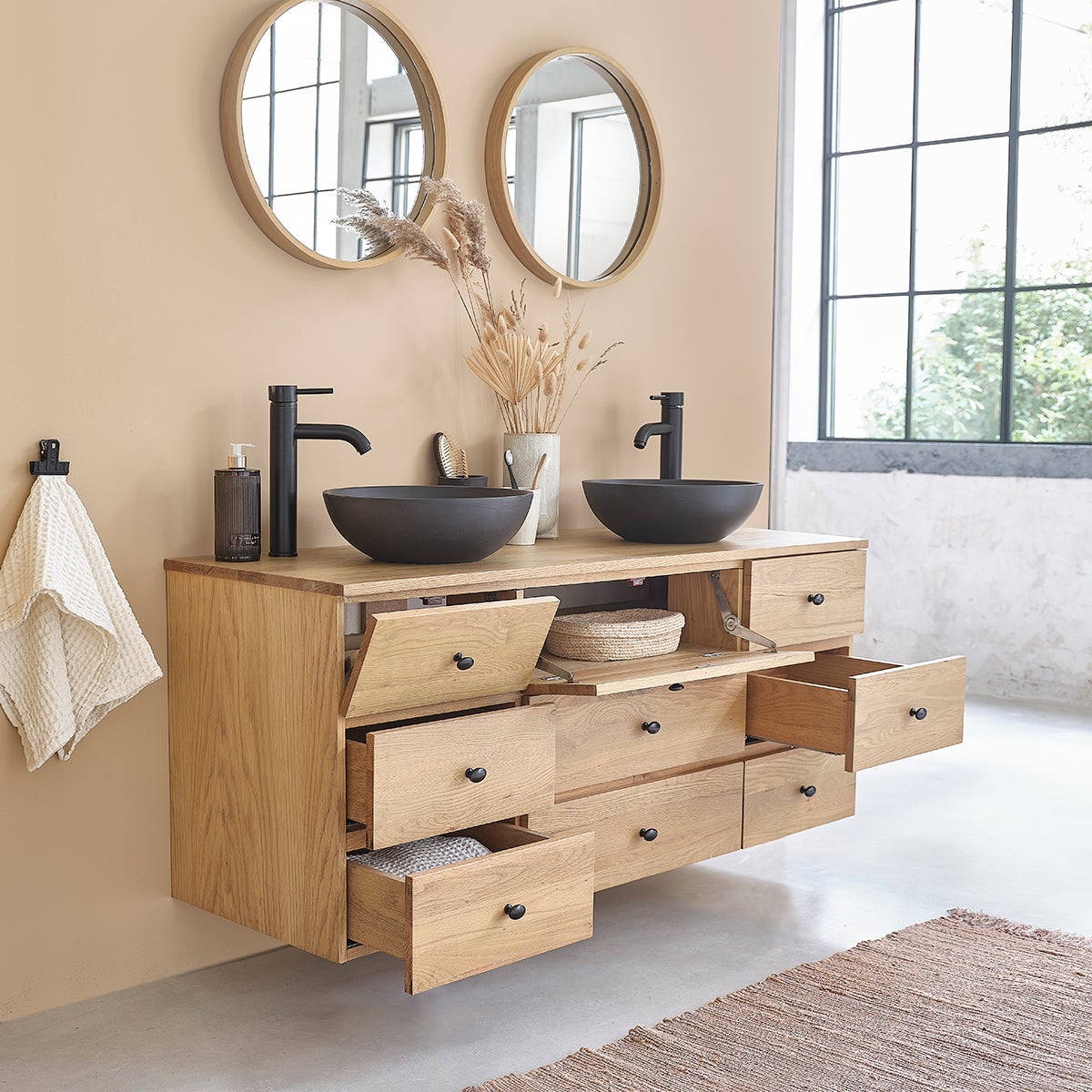 Meuble sous vasque en chêne massif suspendu 140 cm - 4