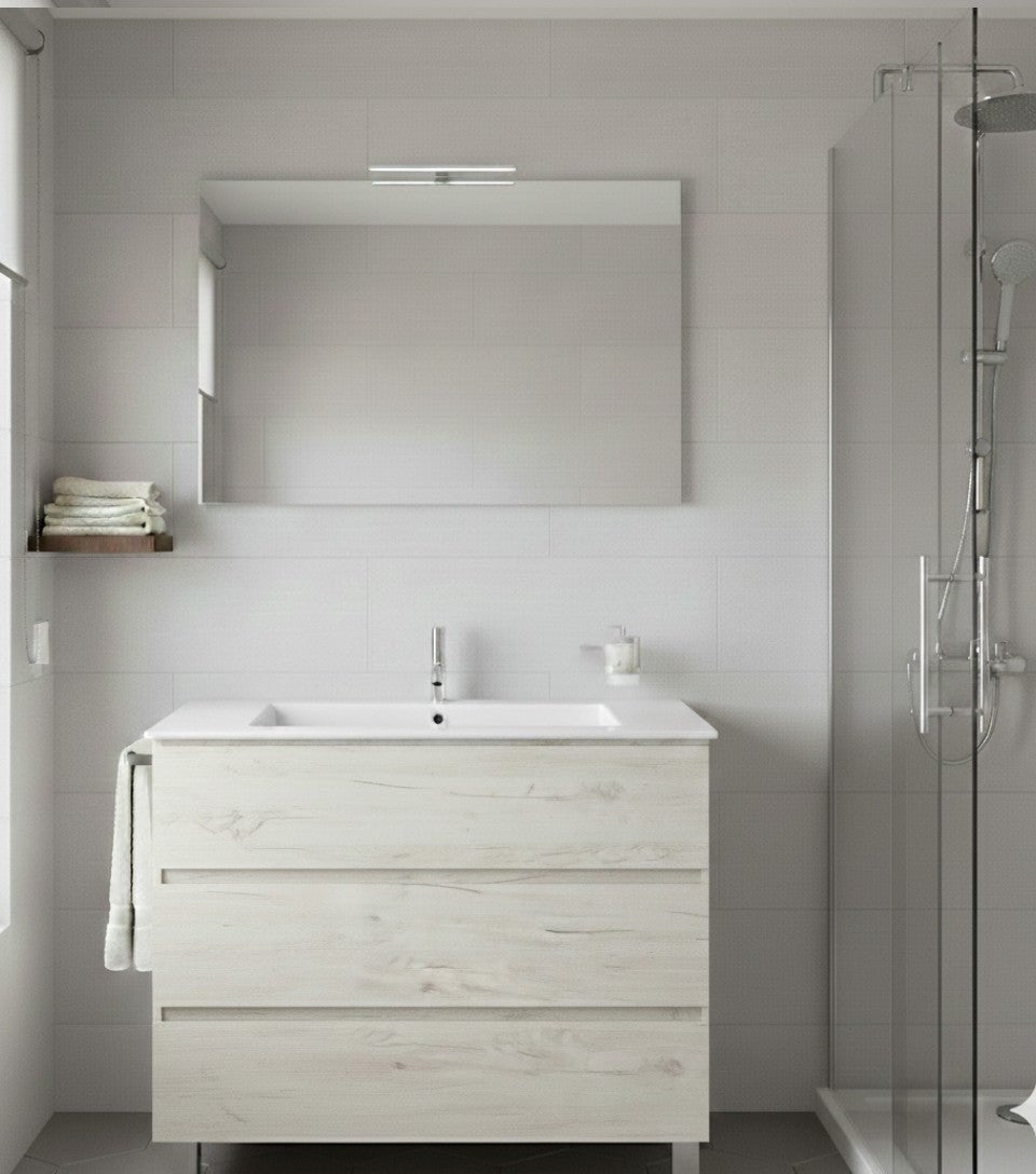 Set Mobilier de baie BALDER Gata Asamblat 3 sertare cu picioare, lavoar și oglindă Alb nordic 100x45 cm