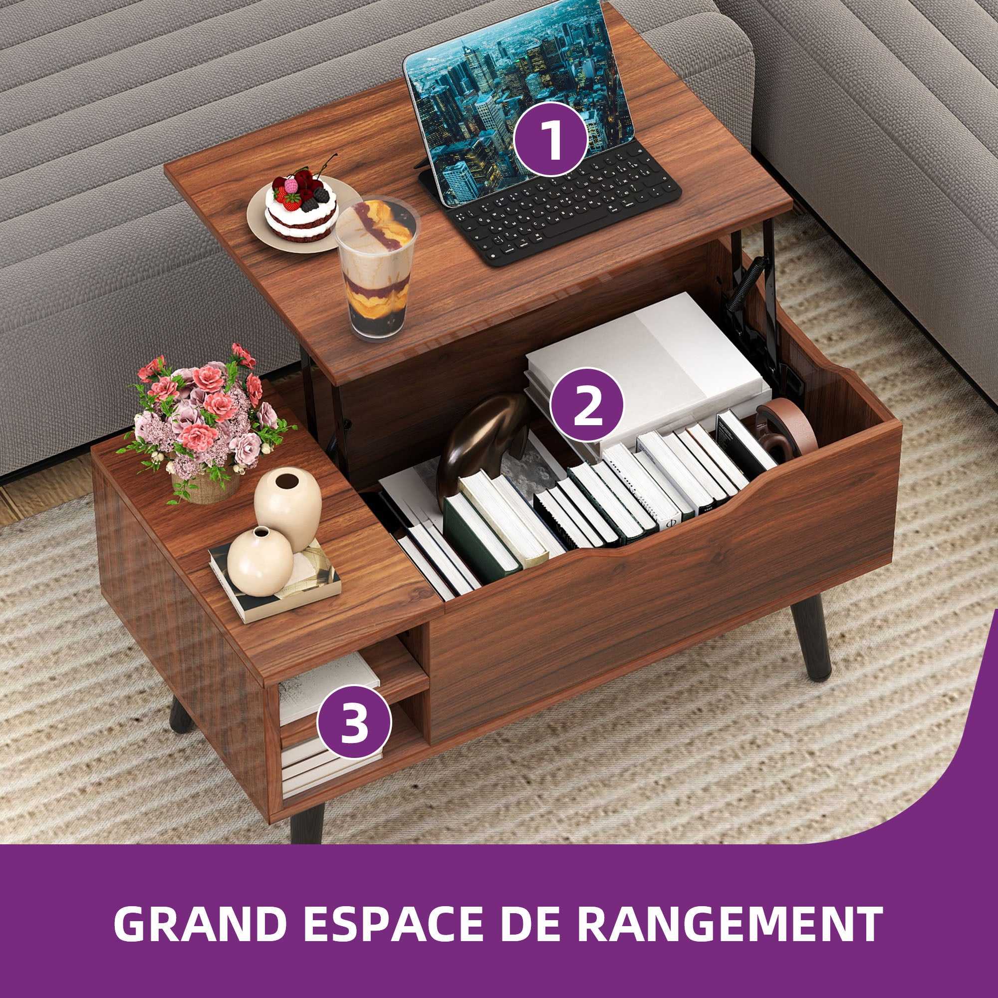 Balconera Table basse Plateau Relevable - 80 x 40 x 61,5 cm- Noyer - 6