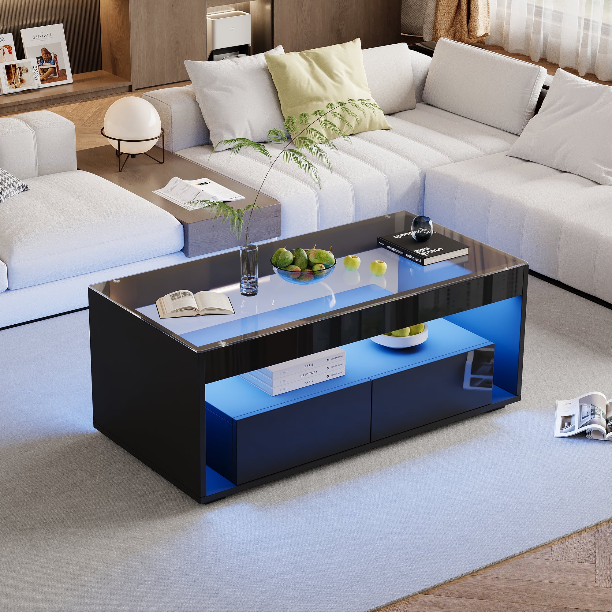 Nowoczesny stolik kawowy 110x50x40cm - z 16-kolorowym oświetleniem LED - z 2 szufladami - czarny