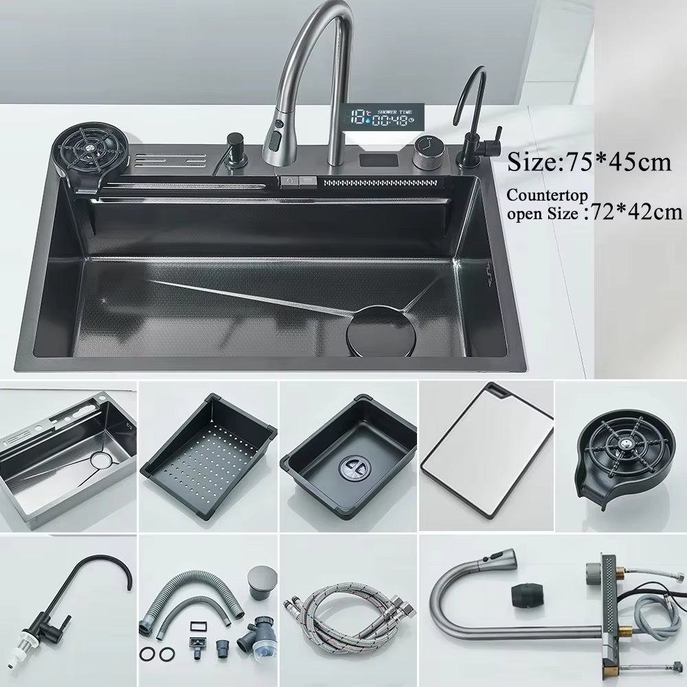 Lavello da cucina multifunzione in acciaio inox con cascata, rubinetto digitale, 2 manopole, 75 x 45 cm - 2