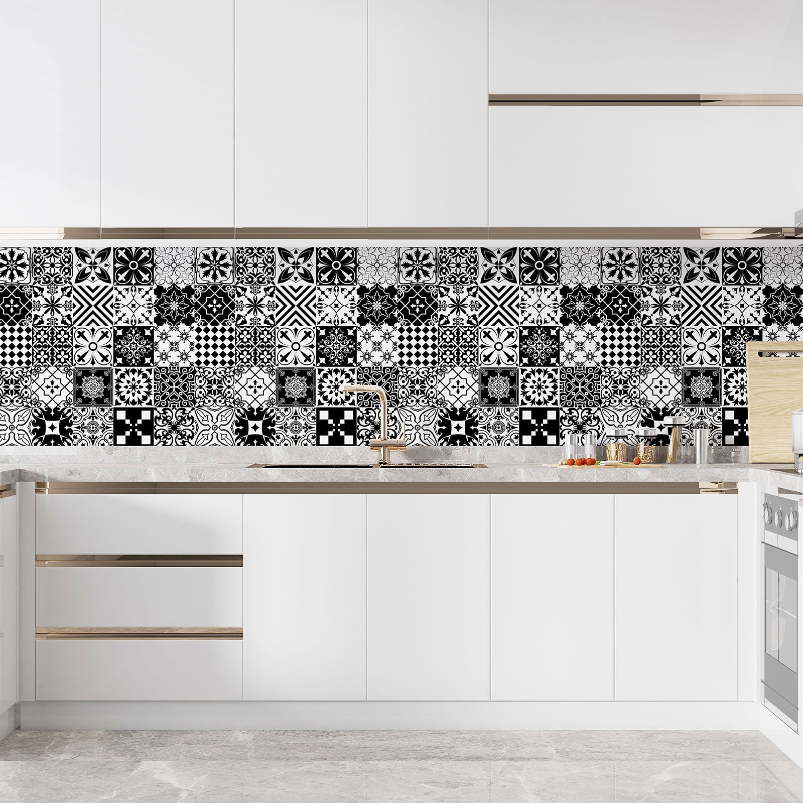 Crédence adhésive sticker décoratif pour cuisine - Effet carreaux de ciment - Adhésif + Protection BRILLANTE - 60x60 cm - 3