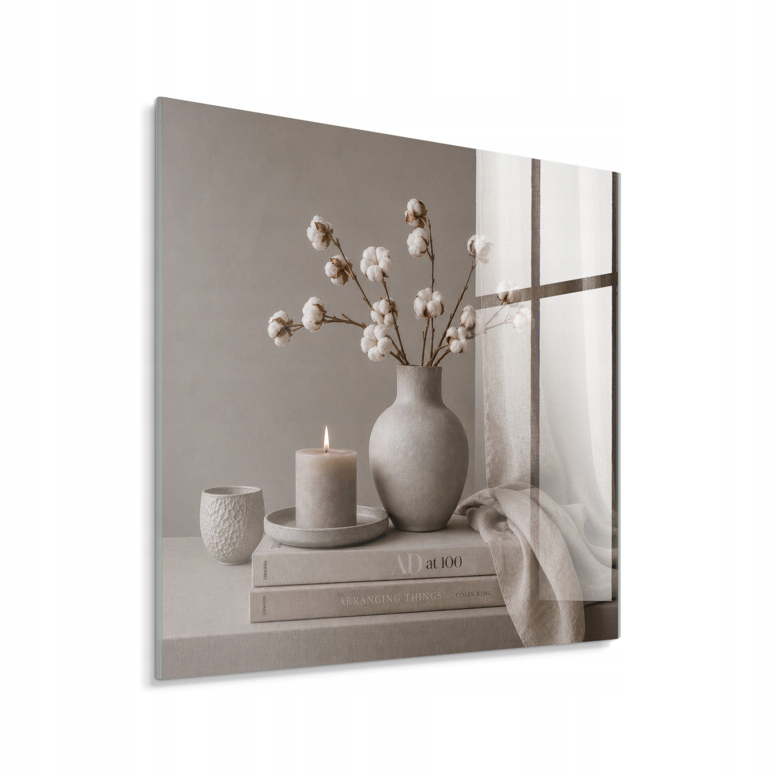 STYLER Tablou pe sticlă Glasspik vază bej și flori de bumbac, boho 30 x 30 cm, pentru living, dormitor, hol și birou
