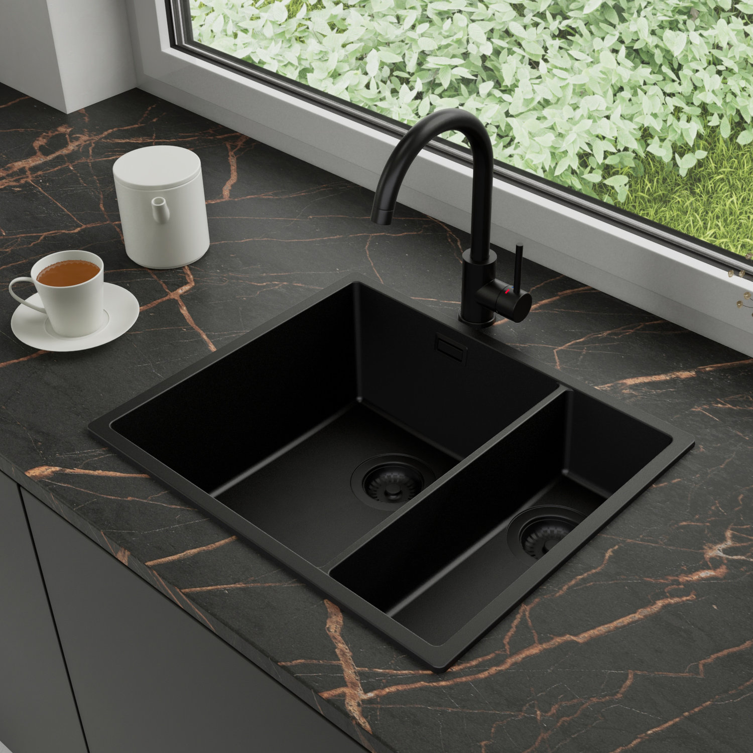 Zlewozmywak Granitowy 56x47cm, do szafki od 60cm + Bateria + Syfon - Agate Cały Czarny STONESTYLE