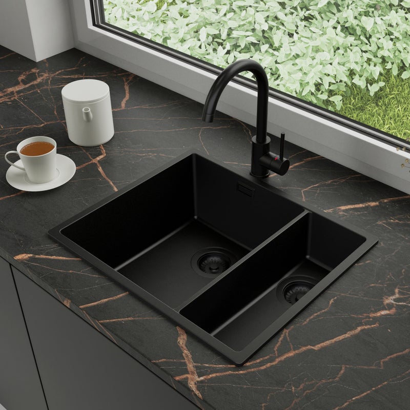 Zlewozmywak Granitowy 56x47cm, do szafki od 60cm + Bateria + Syfon - Agate Cały Czarny STONESTYLE
