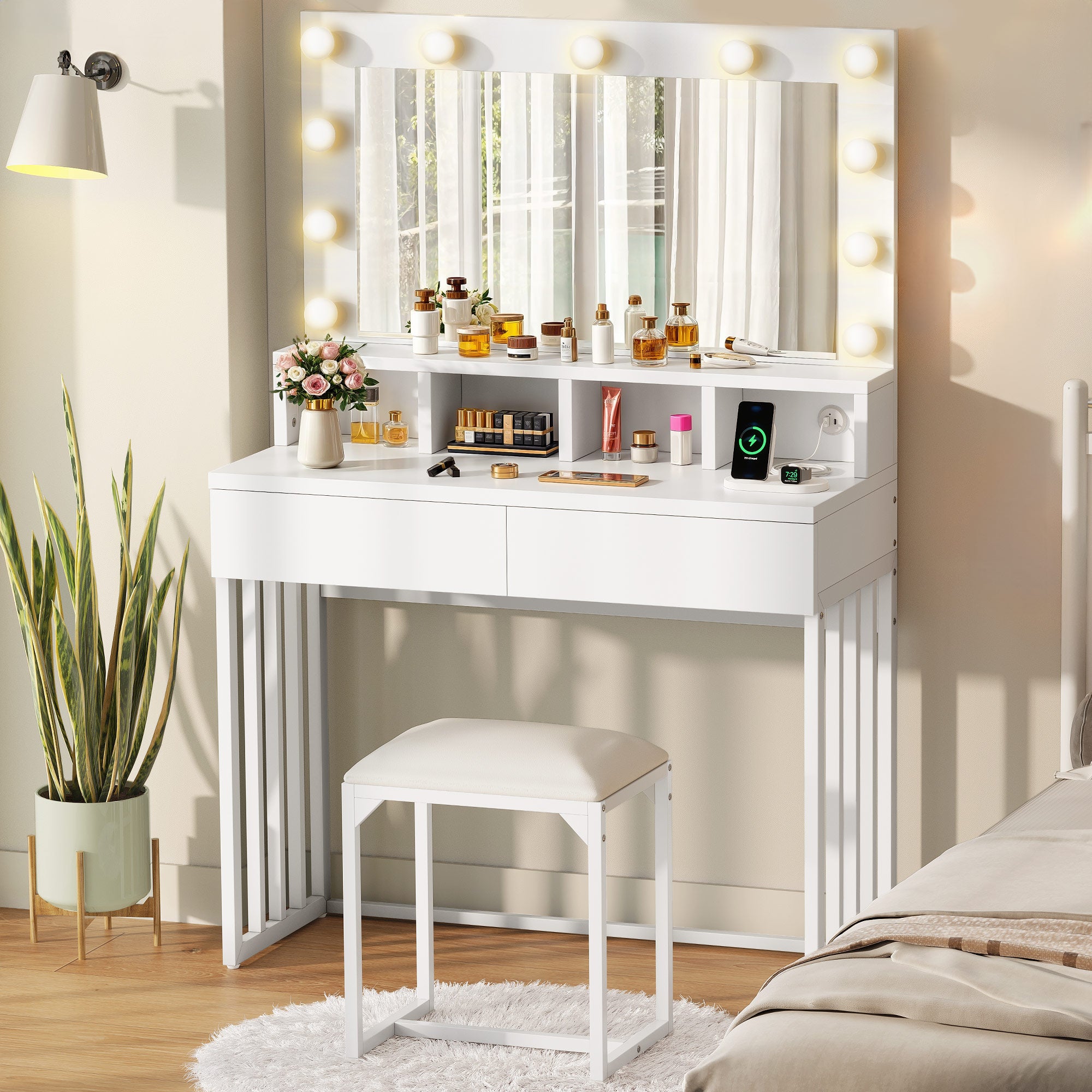 Coiffeuse Avec Miroir Led Et Tabouret Coiffeuse Avec éclairage LED YITAHOME - Grand Rangement 5 Tiroirs Et étagères - 3 Couleurs Lumineuses Réglables - Ports USB Intégrés Meuble Beauté Organisé