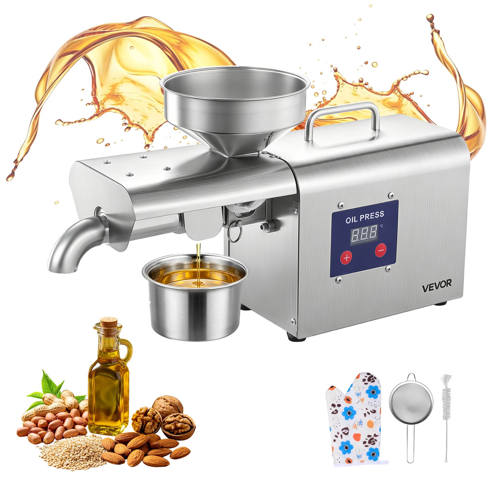 Presă Electrică pentru Ulei VEVOR Automată 3,75 kg/h, Extractor Ulei Puternic 750 W, Presare la Cald, Temperatură Reglabilă 50-300 °C