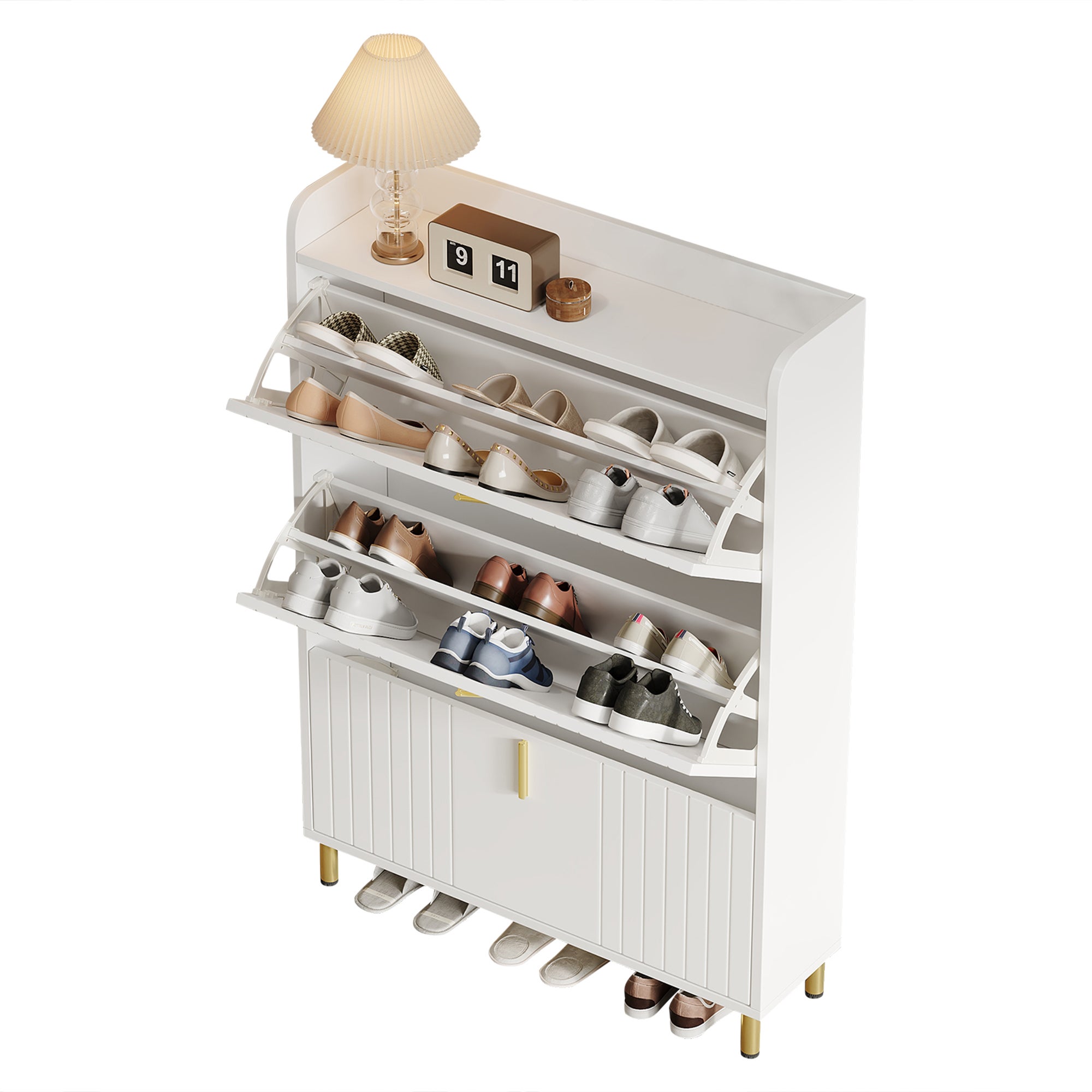 Meuble à chaussures avec 3 compartiments - 80 x 23.5 x 123.5 cm - Dispositif anti-basculement - MDF - Blanc - 9