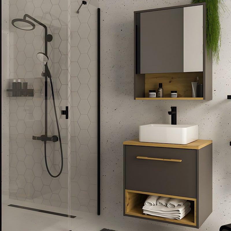 Szafka łazienkowa wisząca w kolorze antracytowym z umywalką i dodatkową szafką ścienną – 60 cm – YANGRA