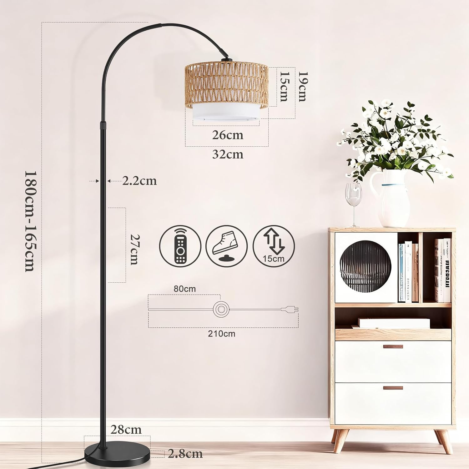 ZMH Lampadaire incurvé vintage noir E27 avec éclairage à intensité variable interrupteur au pied télécommande rotation à 350 degrés pour salon chambre - 5