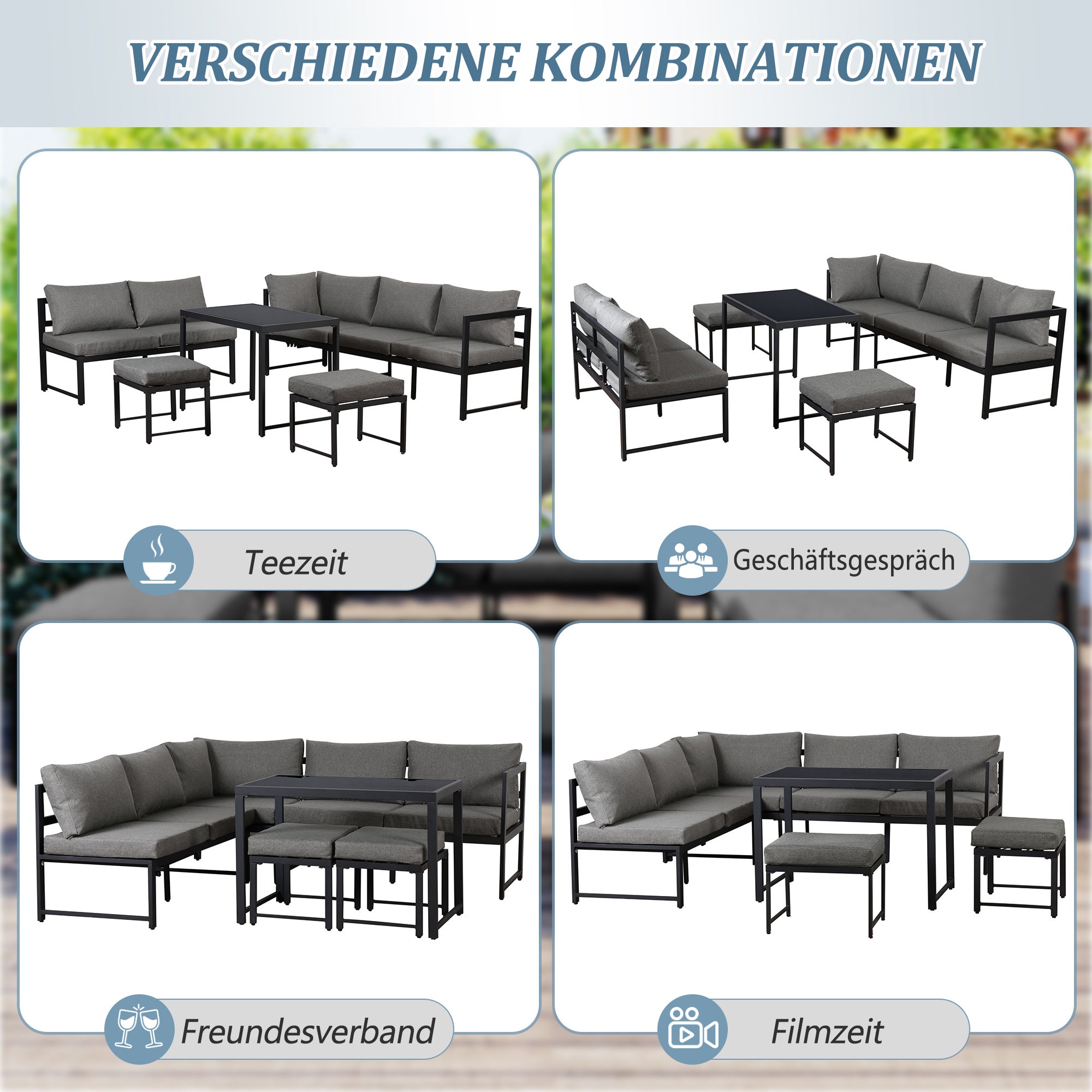 Muebles de jardín modulares de metal: 1 sofá elevable de 3 plazas + 1 sofá de 2 plazas + 2 taburetes + 1 mesa de centro de cristal - Gris + negro - 8